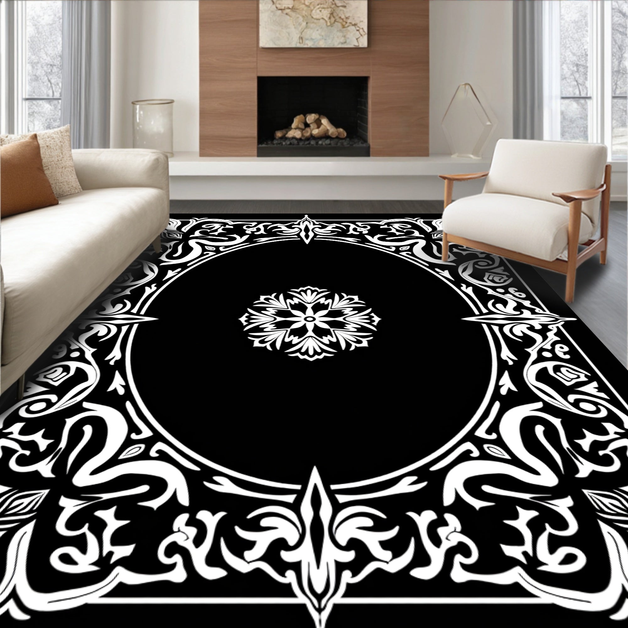 Ornate White Floral Frame Design Rug