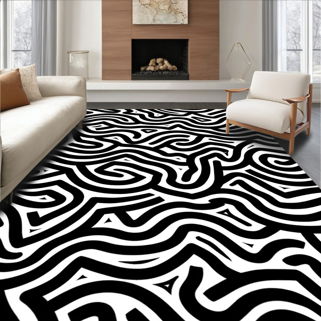 Black White Interlocking Wavy Lines Rug