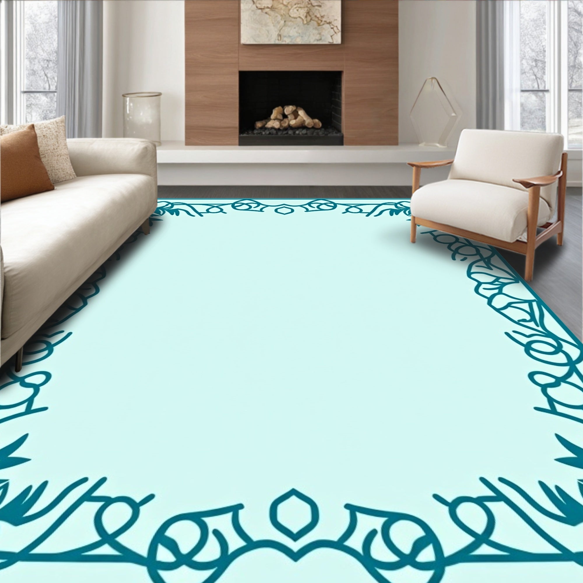 Teal Floral Scroll Border Design Rug