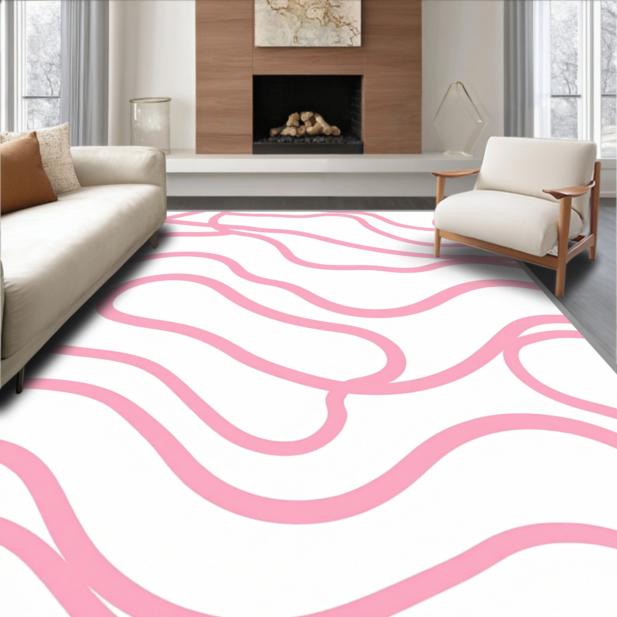 Pink Abstract Wavy Lines Pattern Rug