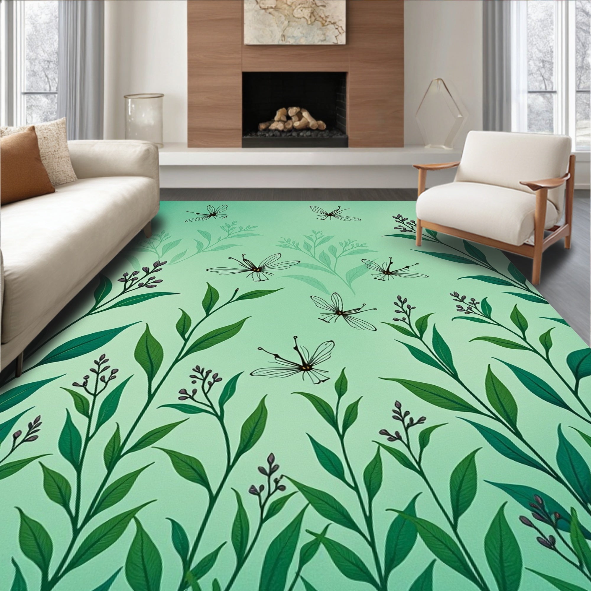 Whimsical Dragonfly Botanical Pattern Rug