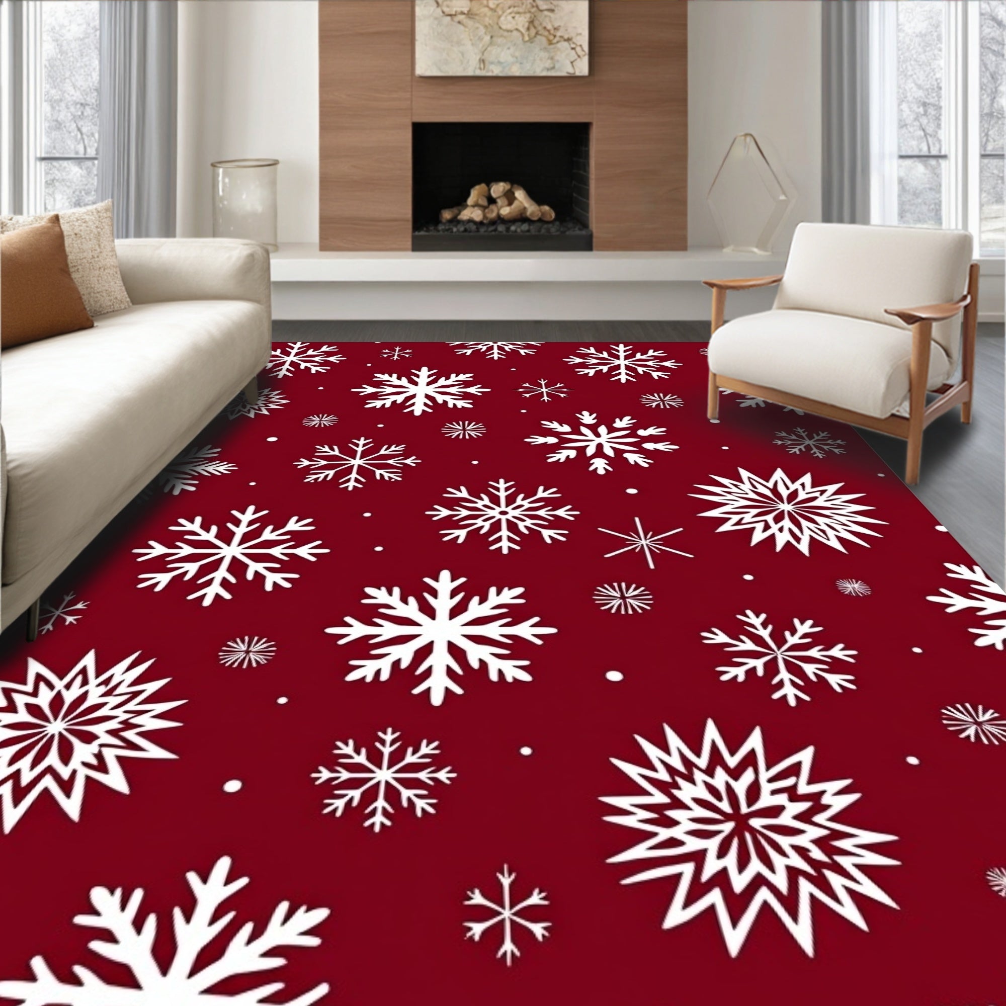 Crimson White Snowflakes Cluster Rug