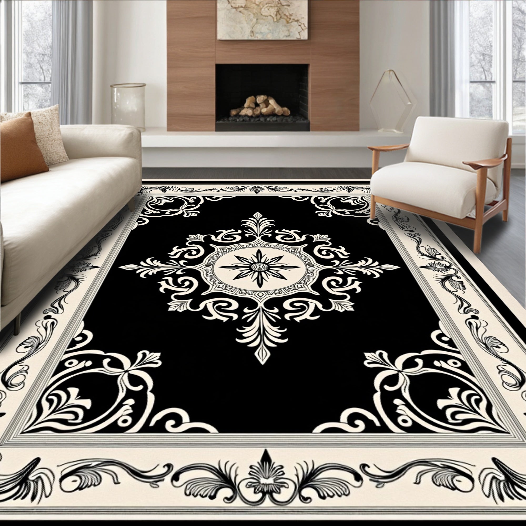 Ornate Black Cream Scrollwork Rug