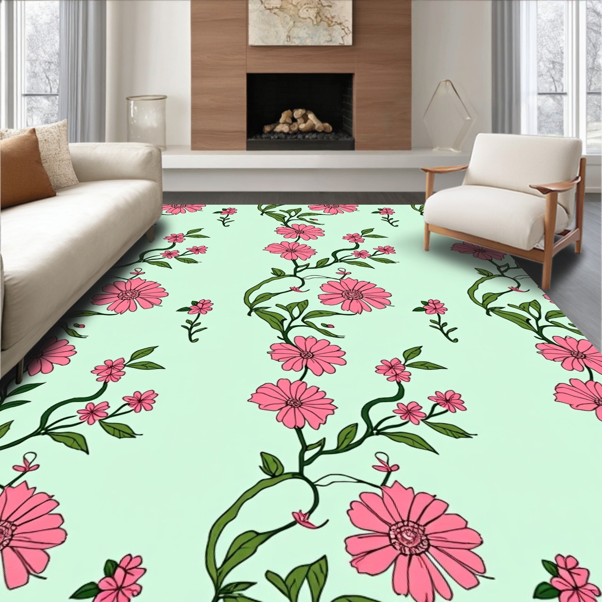 Pink Flower Vine Pattern Rug