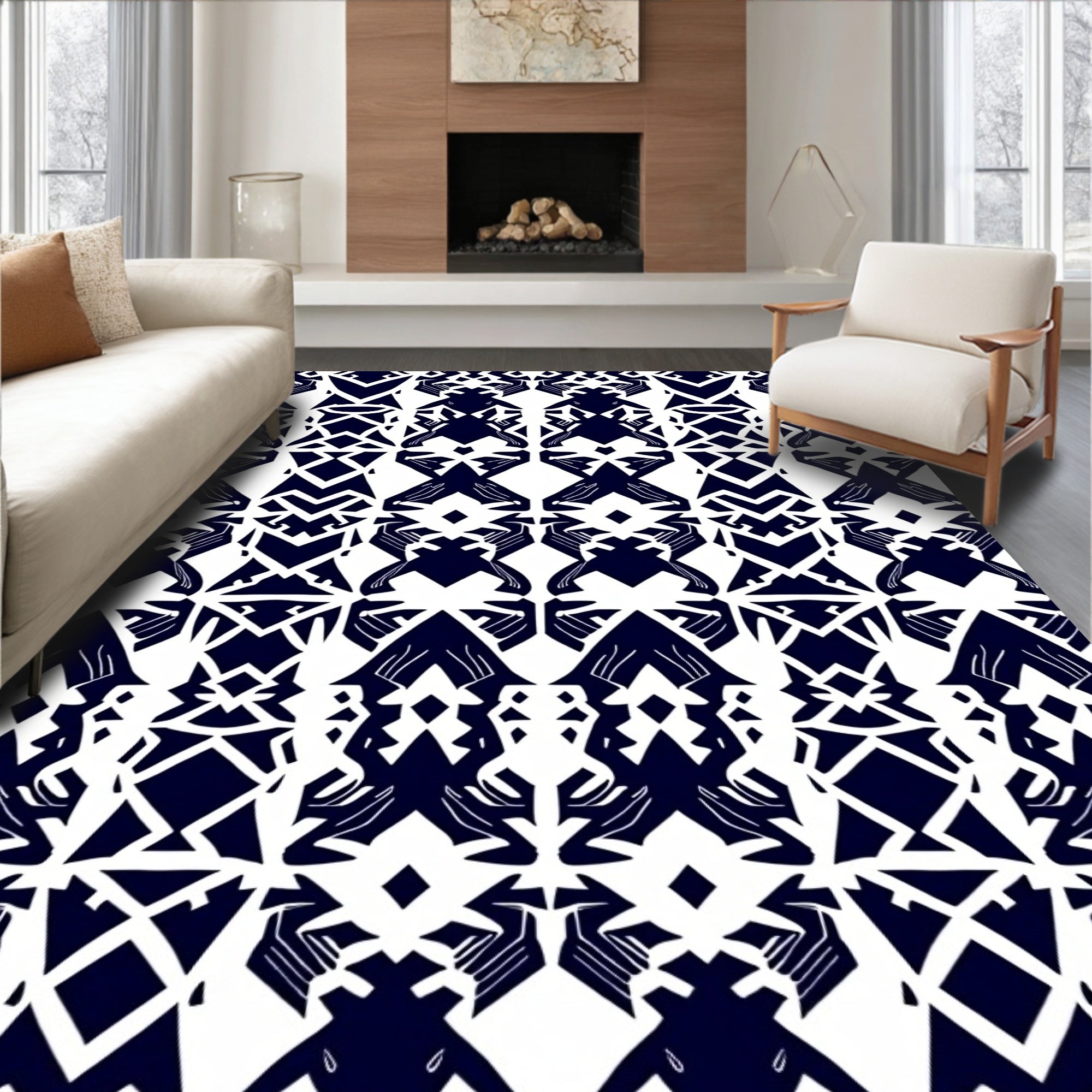 Dark Navy White Abstract Geometric Design Rug