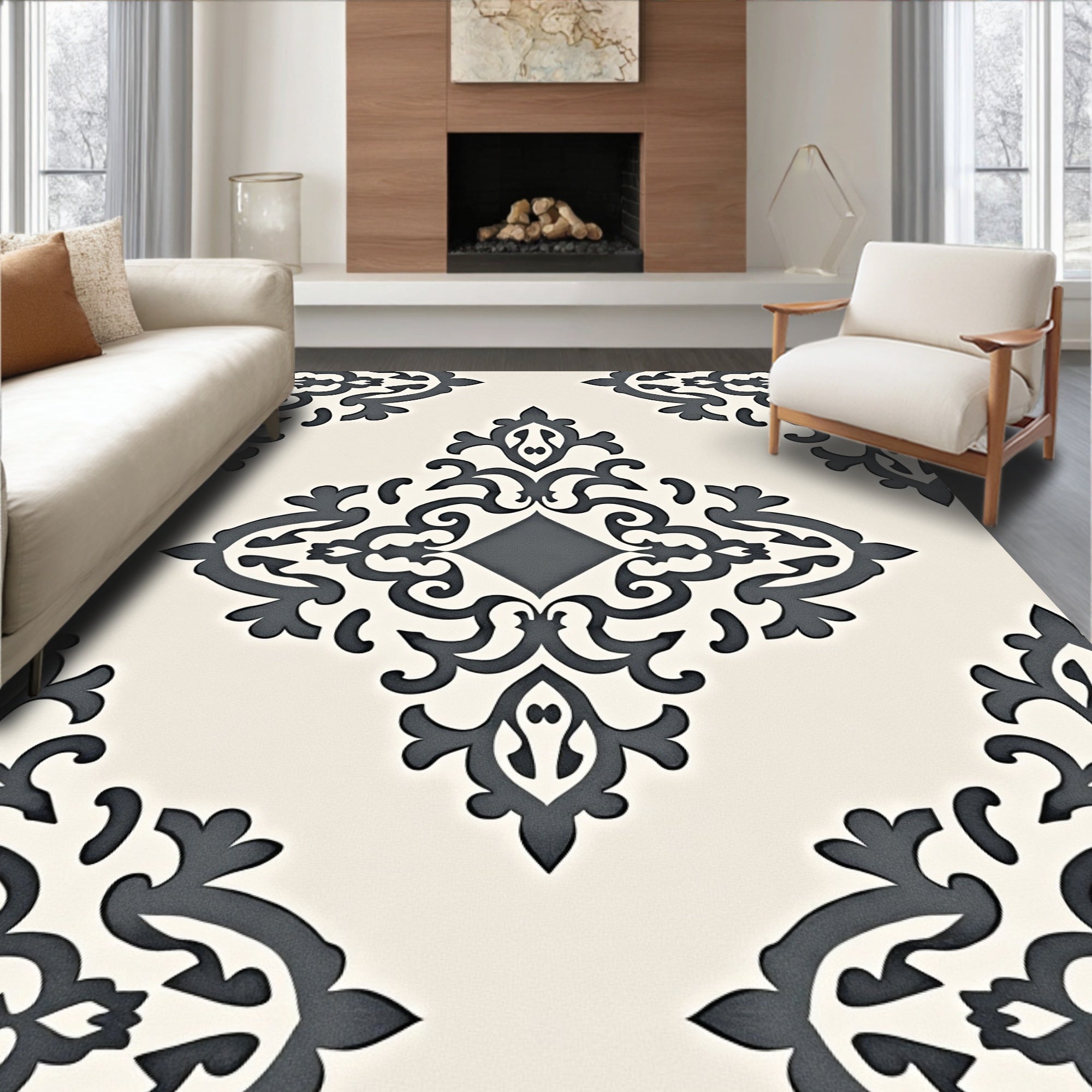 Damask-Inspired Filigree Scroll Pattern Rug
