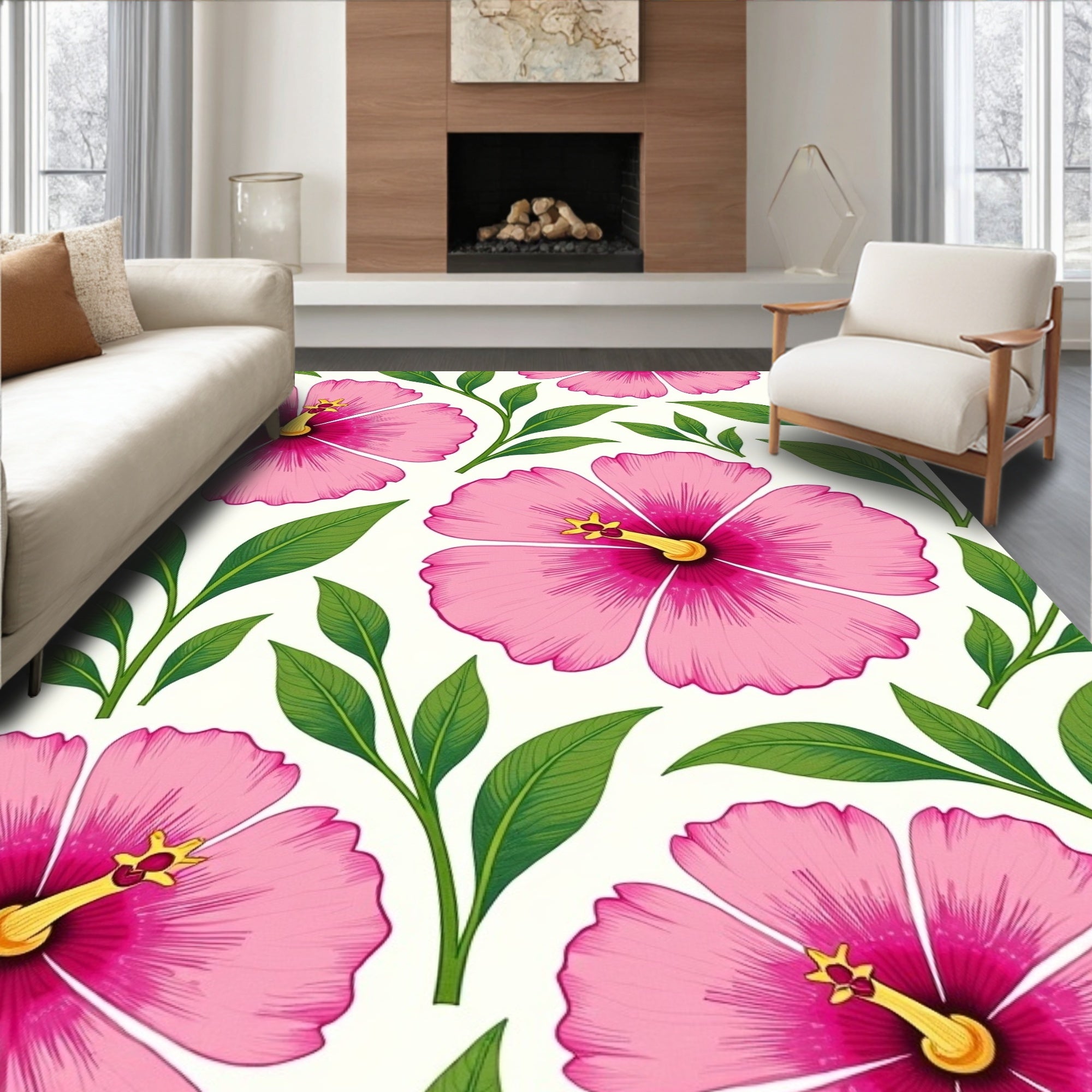 Bright Pink Hibiscus Floral Pattern Rug