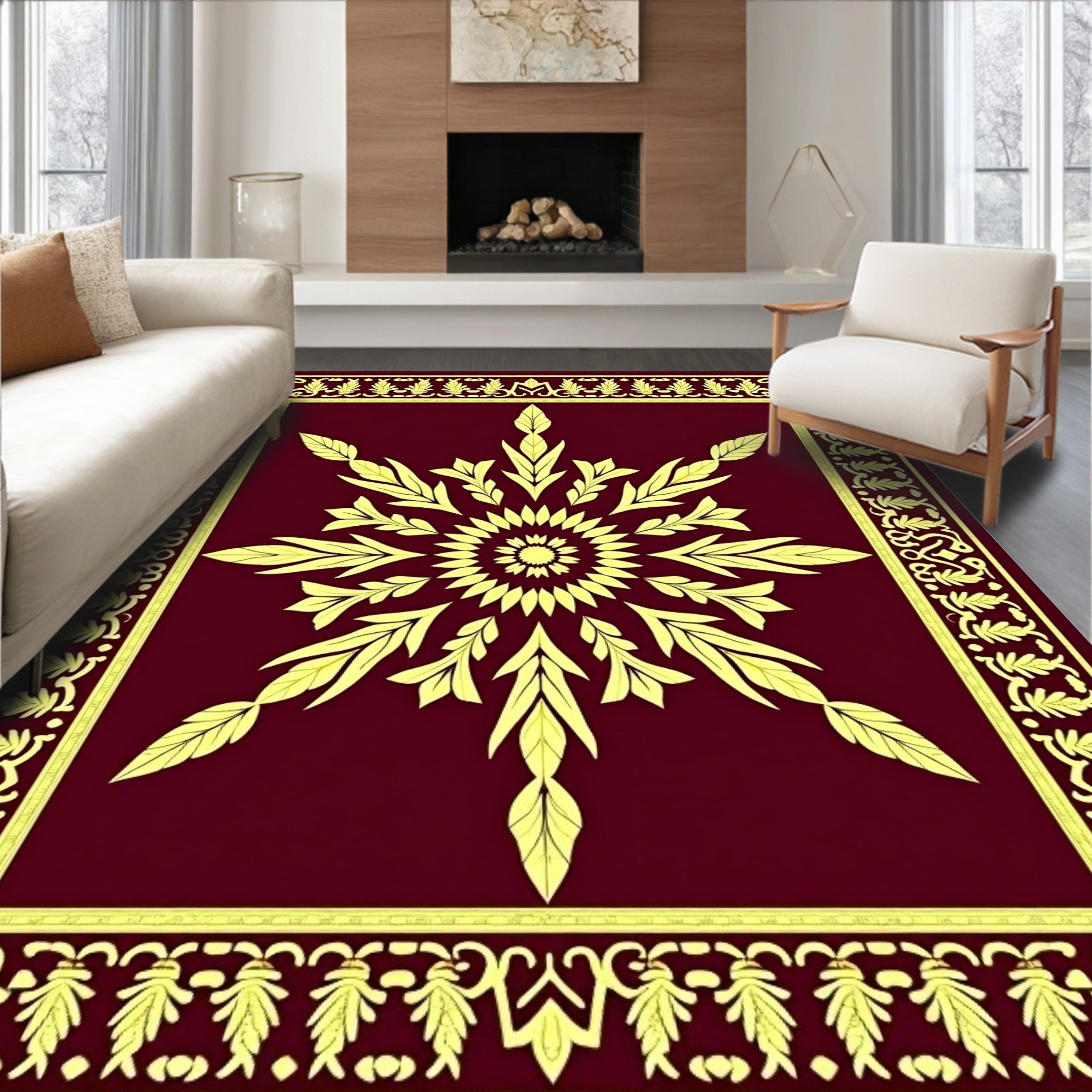 Maroon Golden Starburst Floral Border Rug
