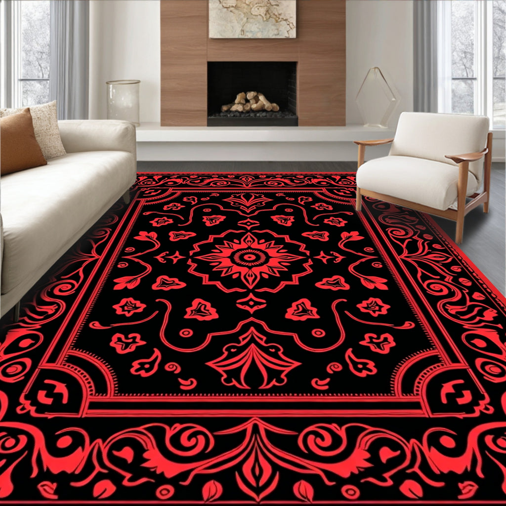 Bold Red Black Floral Tapestry Rug