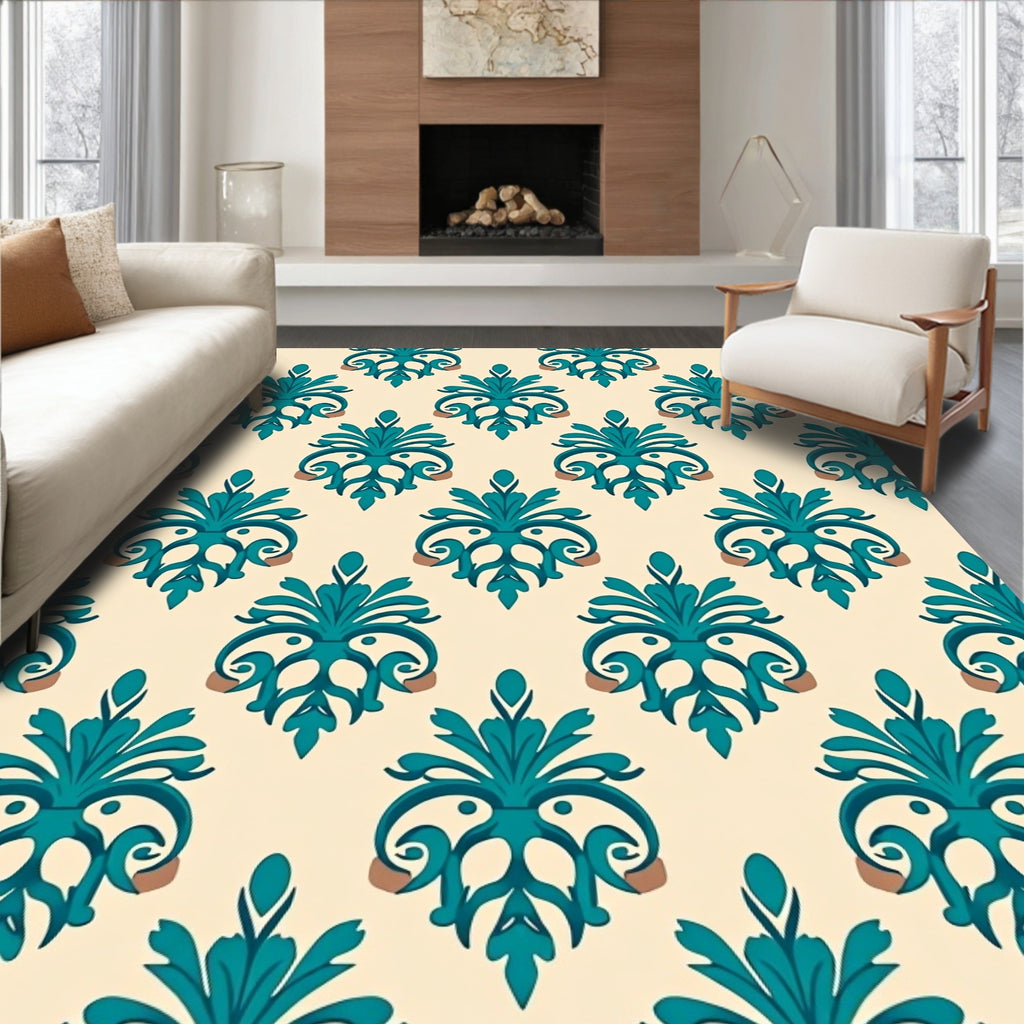 Teal Vintage Floral Damask Pattern Rug