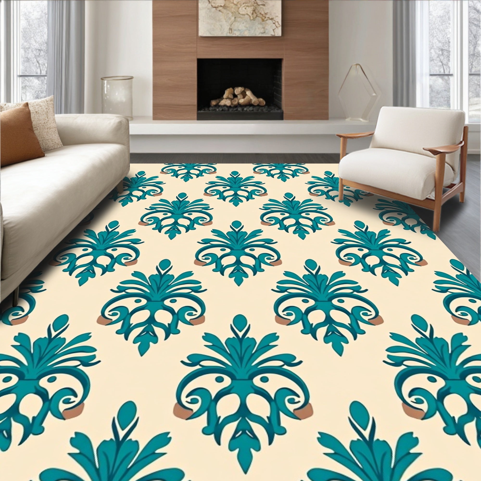 Teal Vintage Floral Damask Pattern Rug