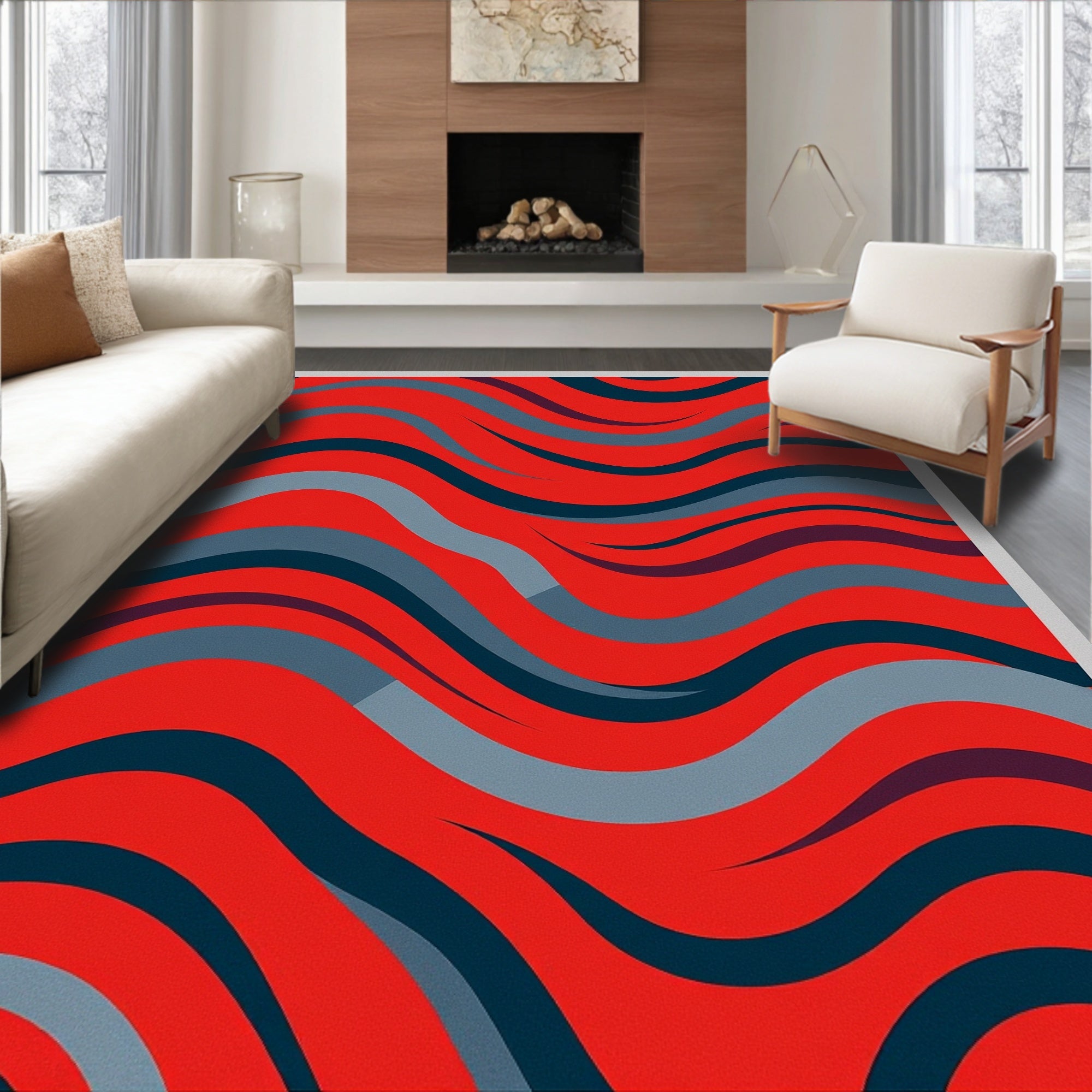 Red Blue Wavy Stripe Pattern Rug