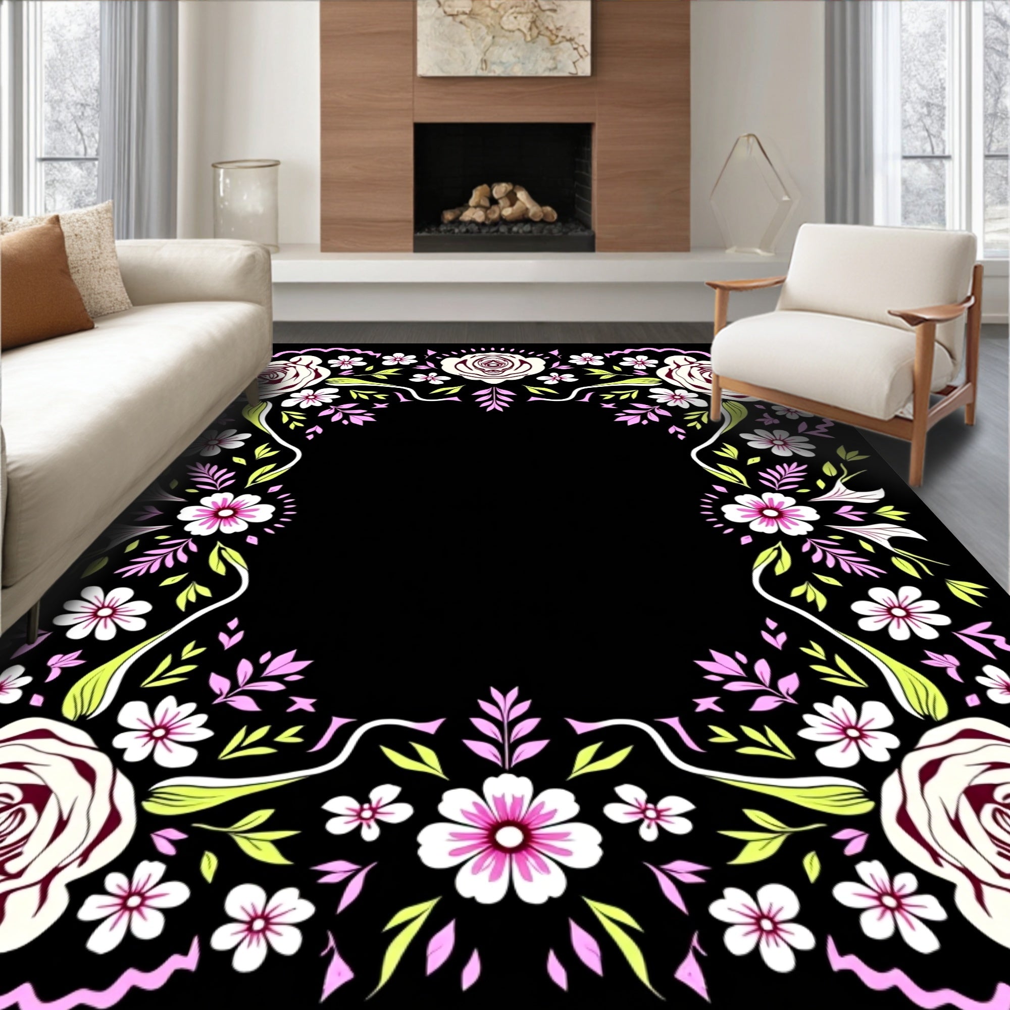 Whimsical Floral Frame with Roses Rug