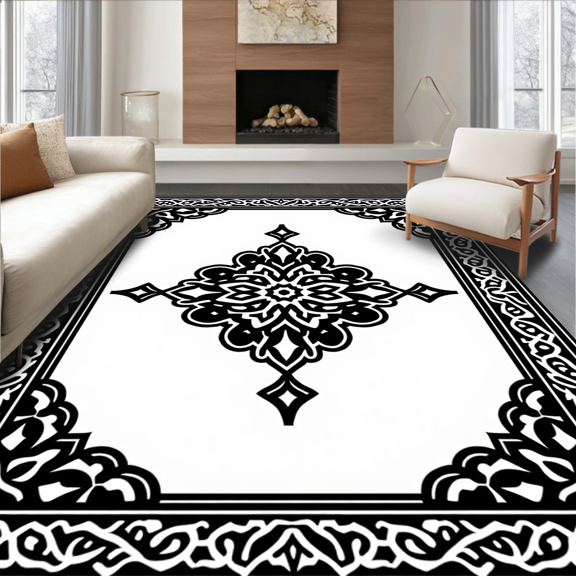 Ornate Black Swirl Medieval Style Design Rug