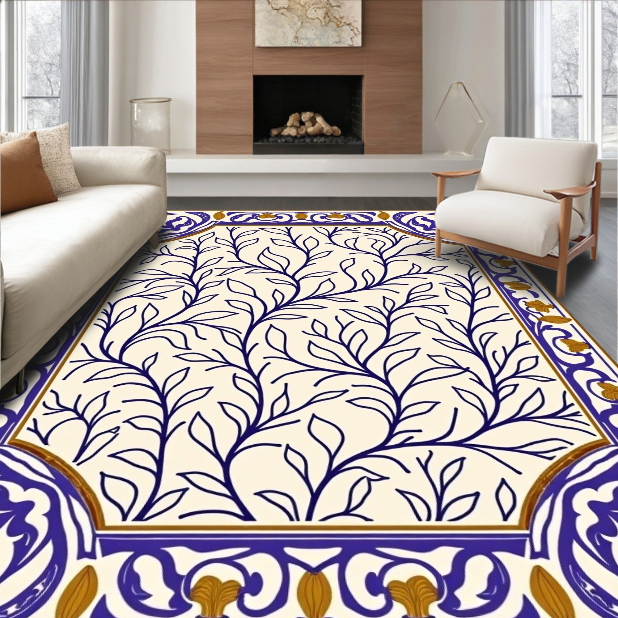 Blue Nature Branch Border Design Rug