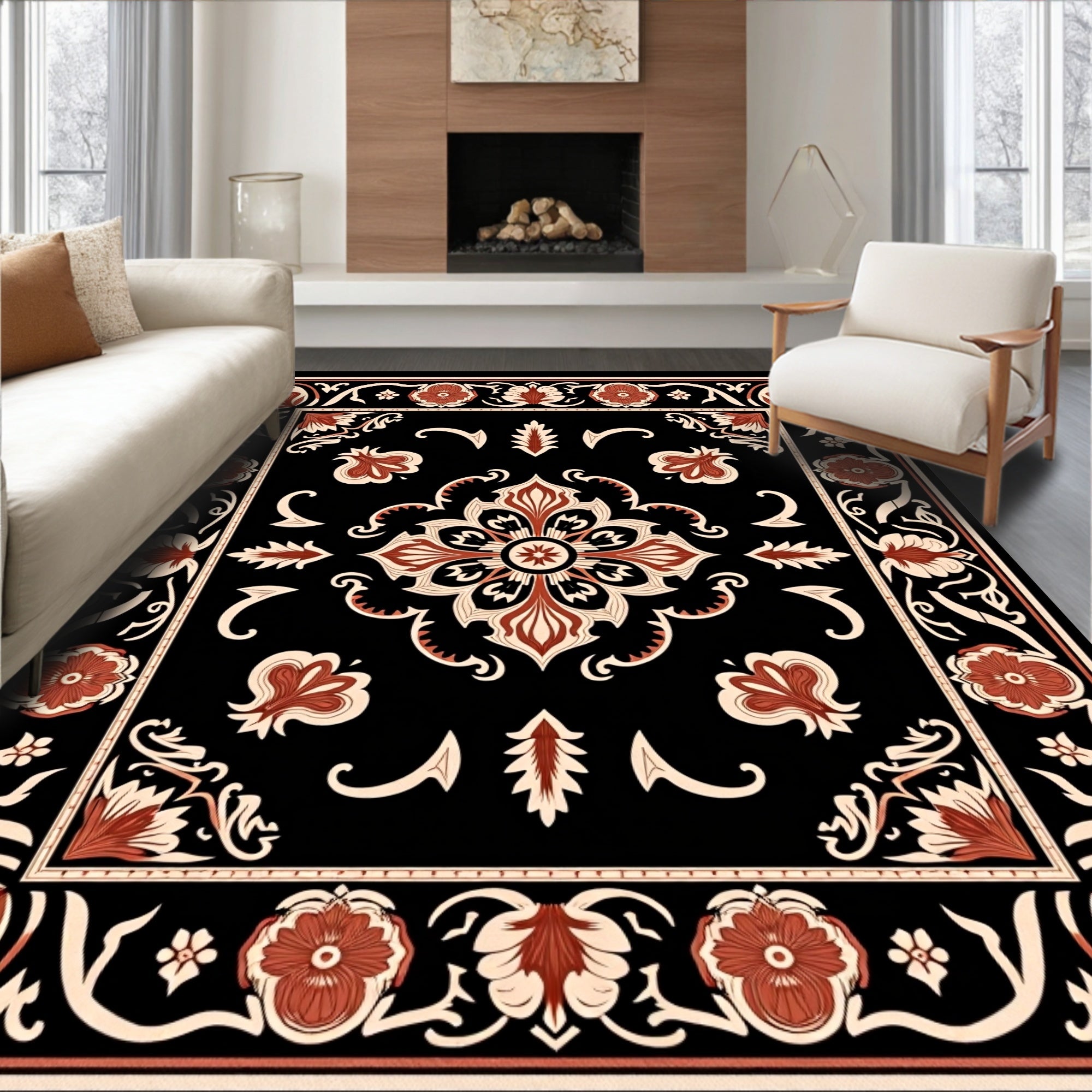 Intricate Floral Medallion Black Rug