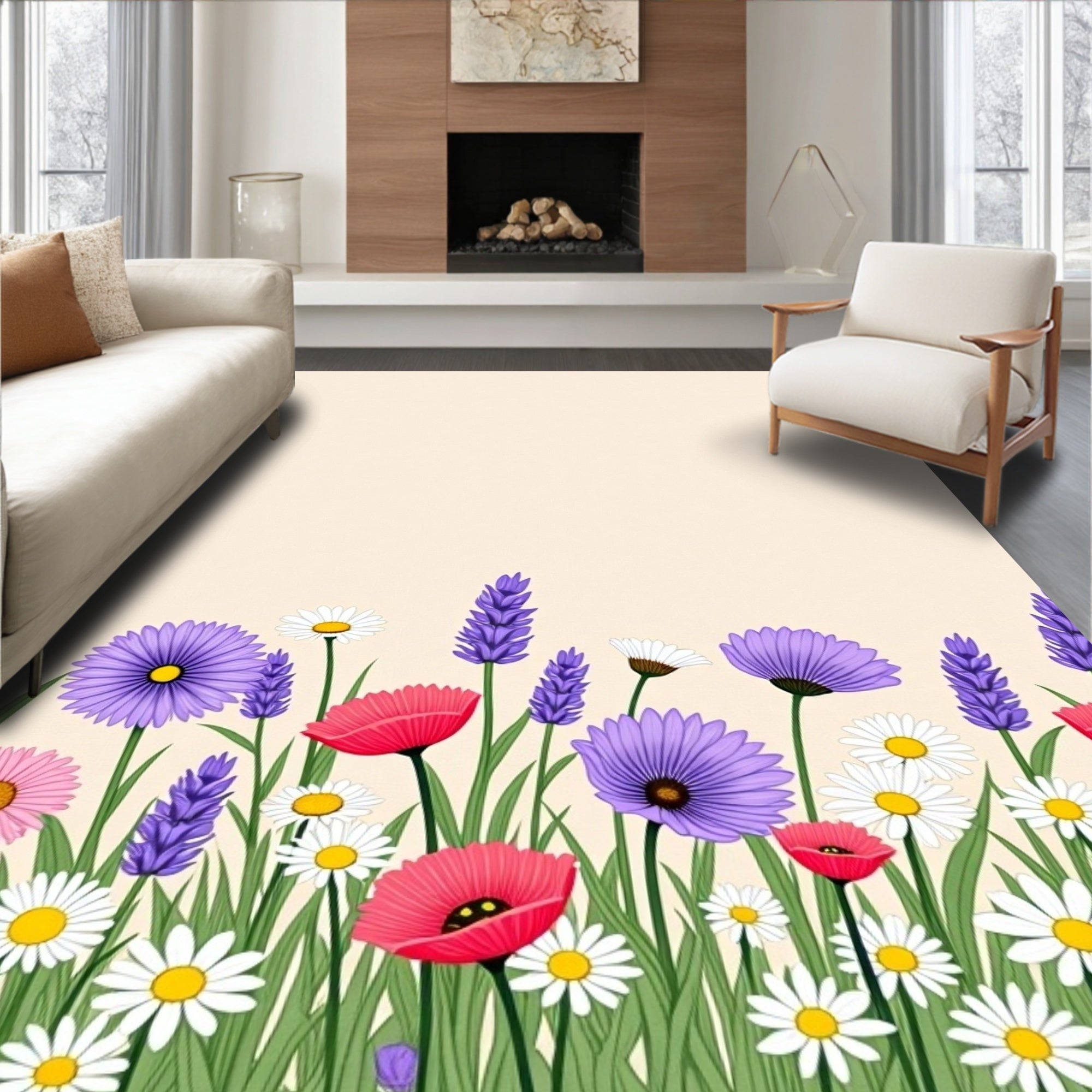 Whimsical Meadow Floral Garden Pattern Rug