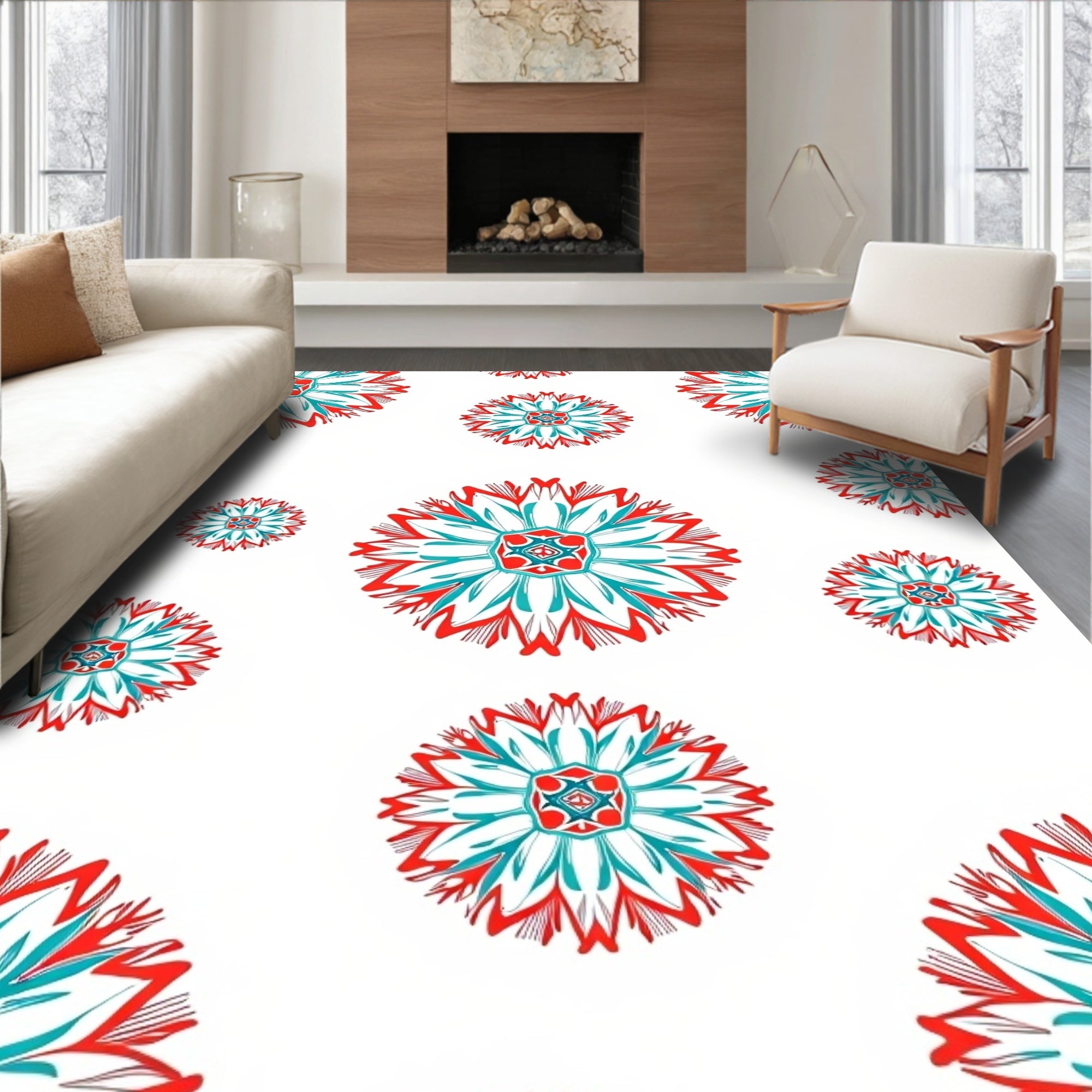 Red Teal Mandala Style Rug