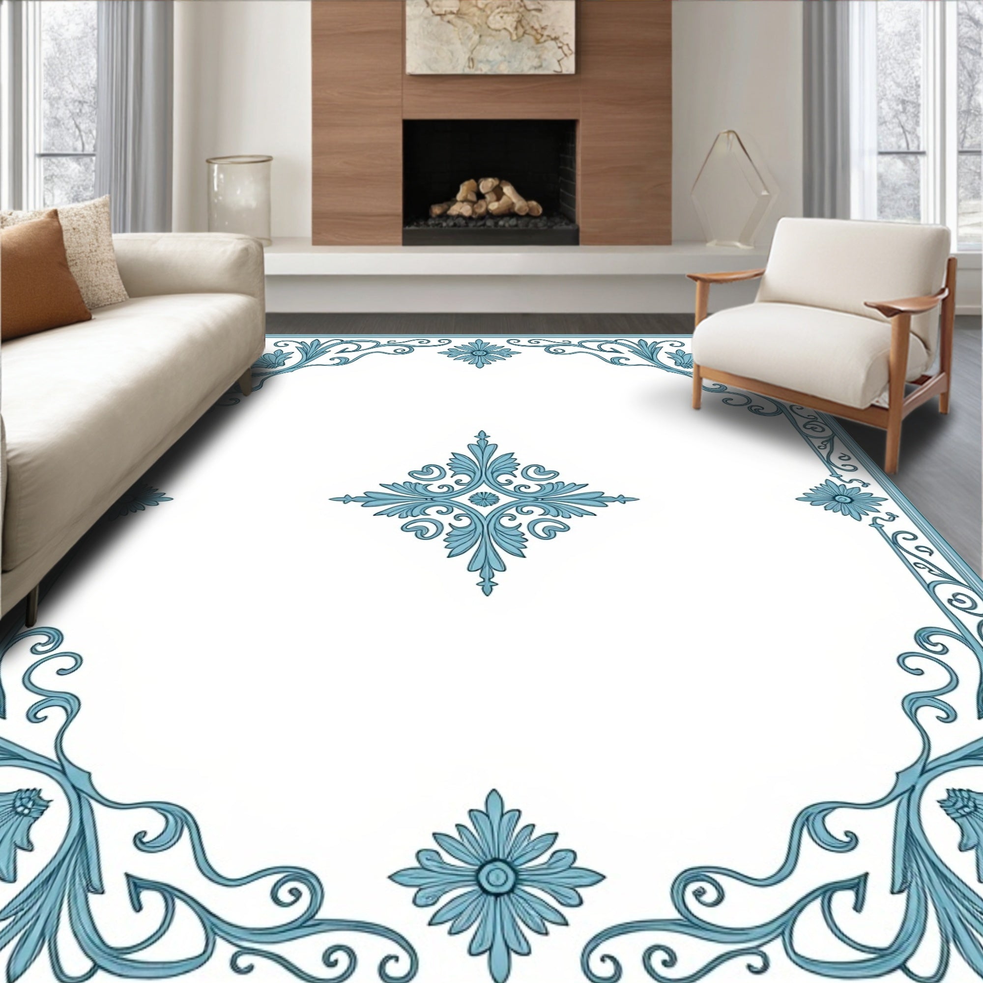 Elegant Blue Floral Scrollwork Design Rug