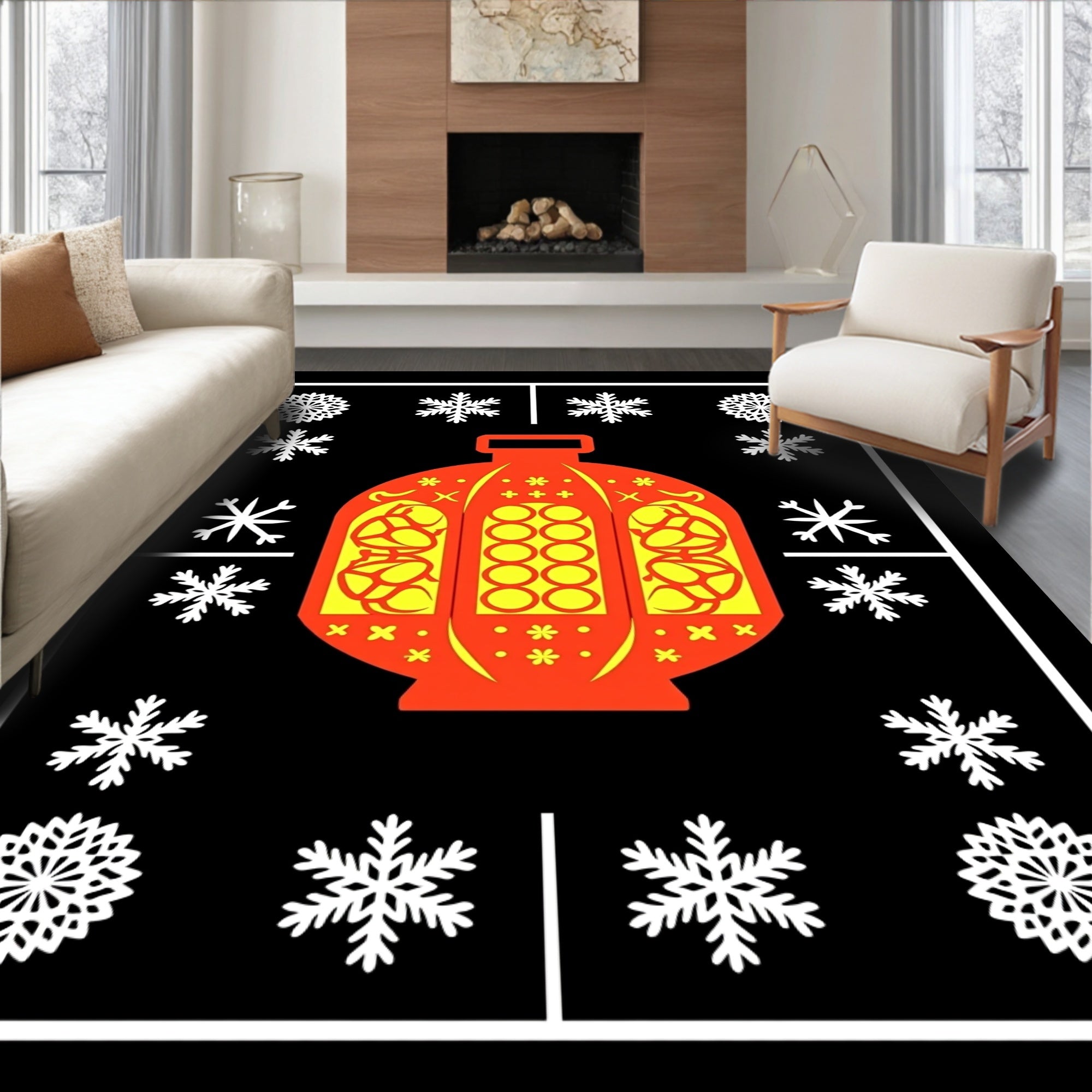 Red and Yellow Lantern Snowflake Frame Rug