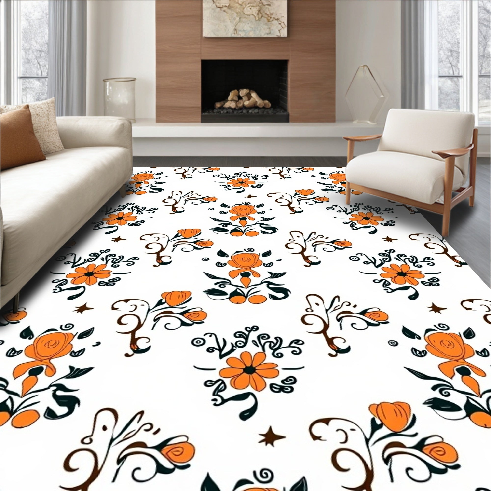 Orange Floral Whimsical Pattern Rug