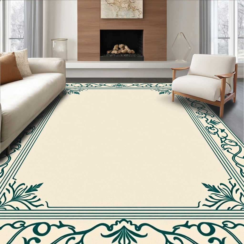 Ornate Green Floral Vine Border Rug