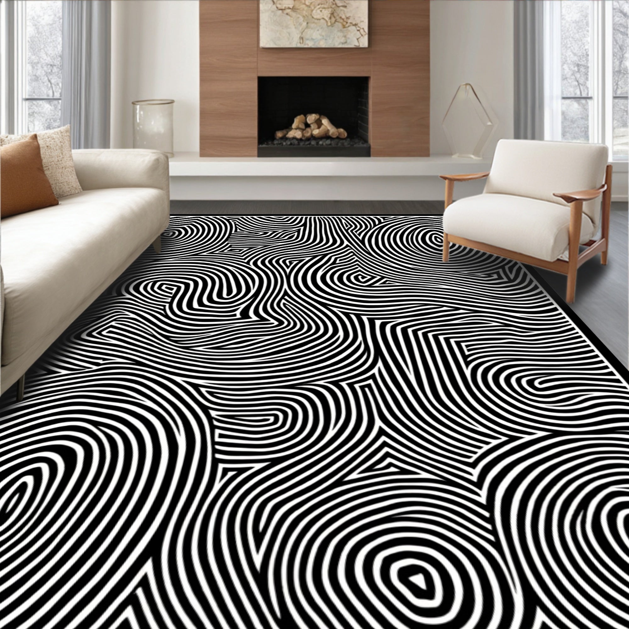 Abstract Black White Swirling Lines Rug
