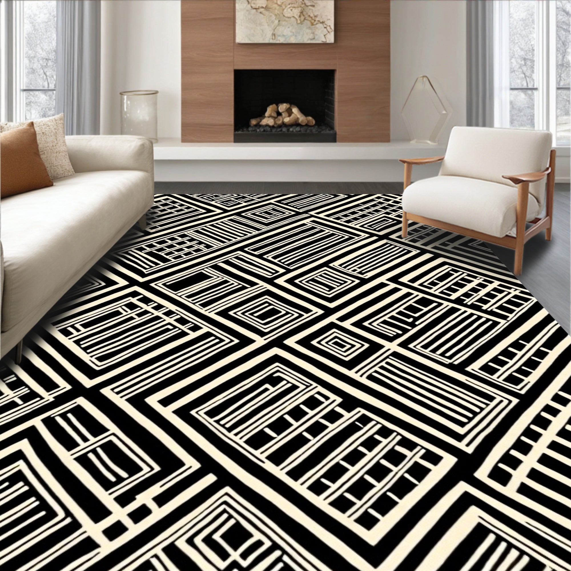 Geometric Grid Black Cream Pattern Rug