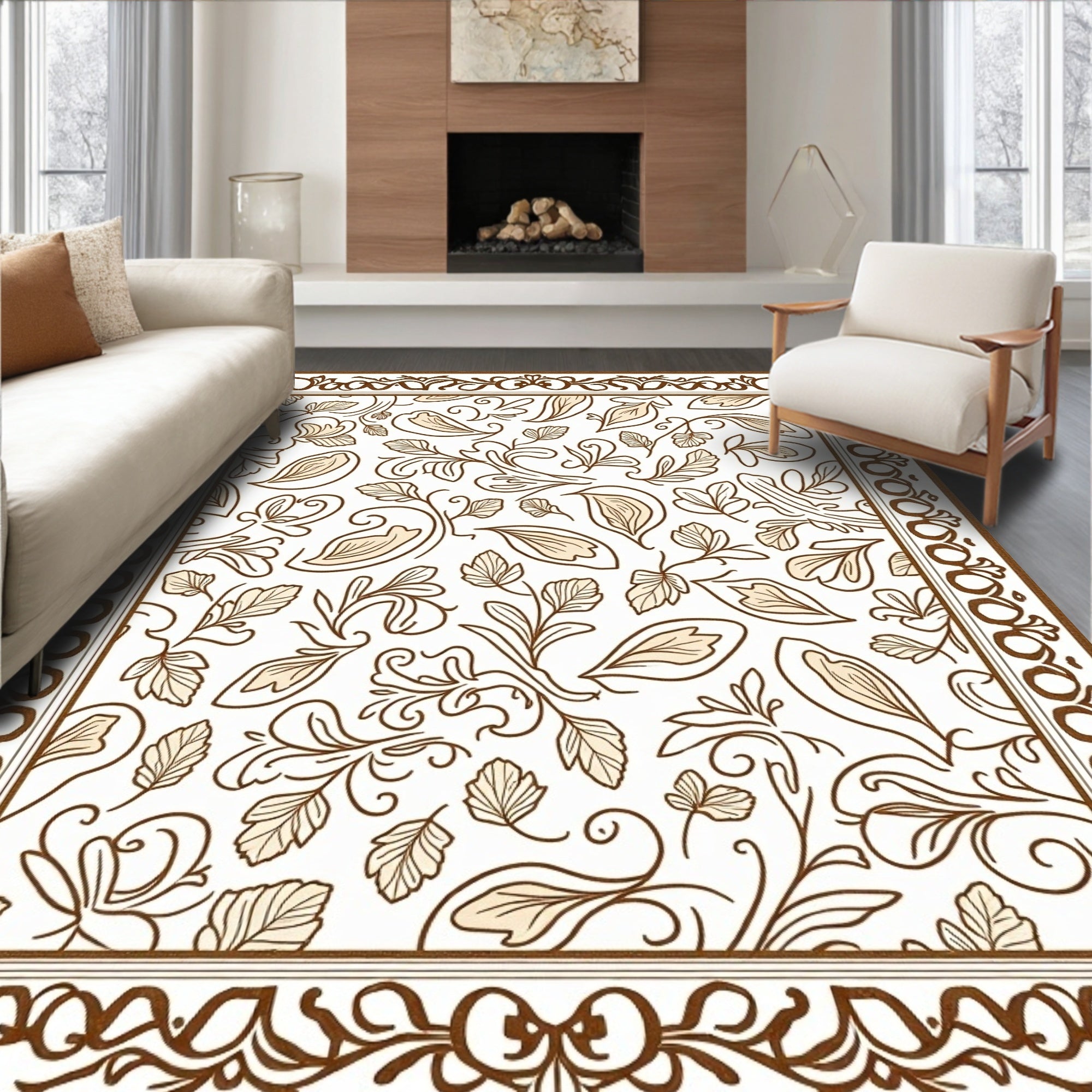 Brown Floral Swirl Patterned Rug