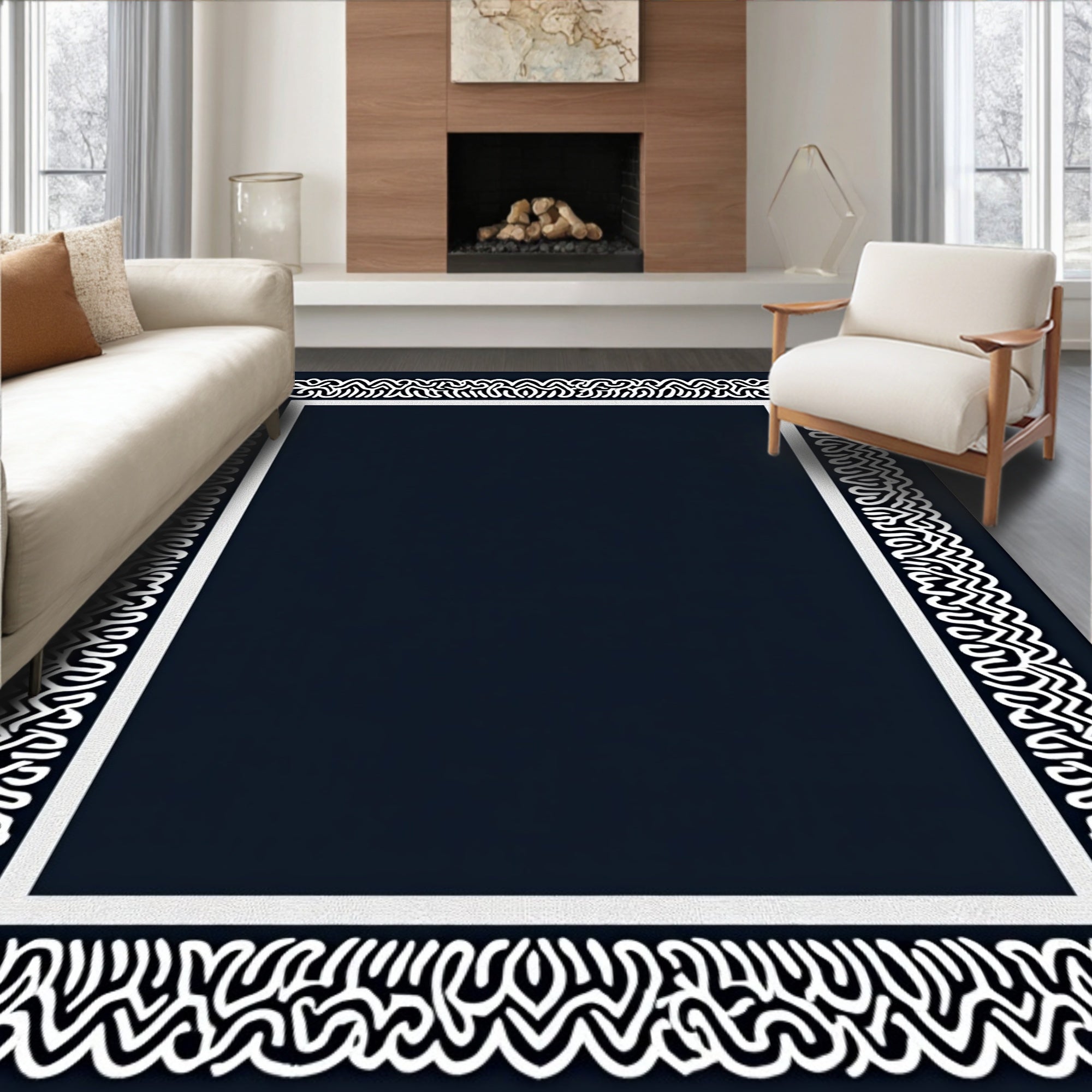Abstract Black White Scrollwork Frame Rug