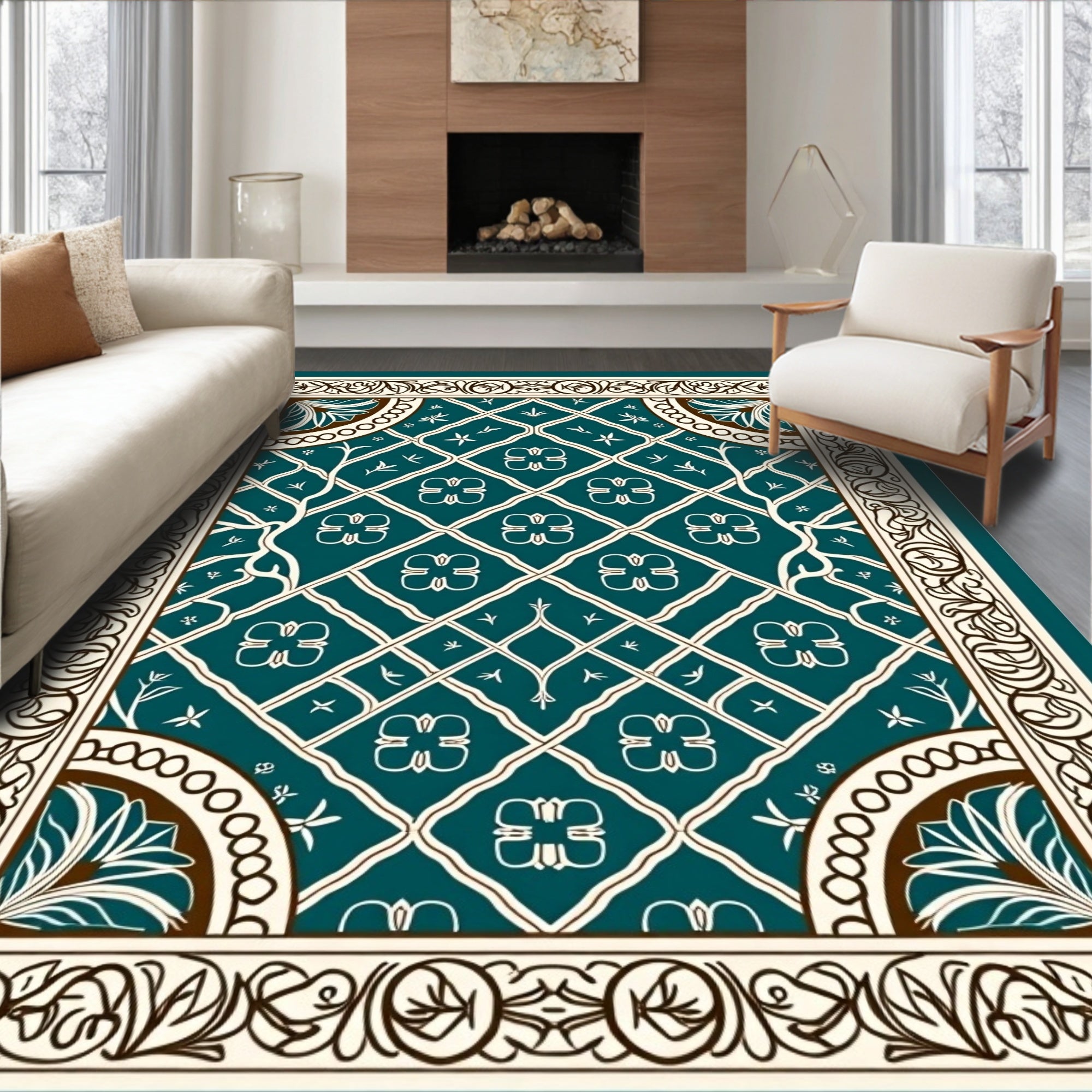 Teal White Geometric Floral Border Rug