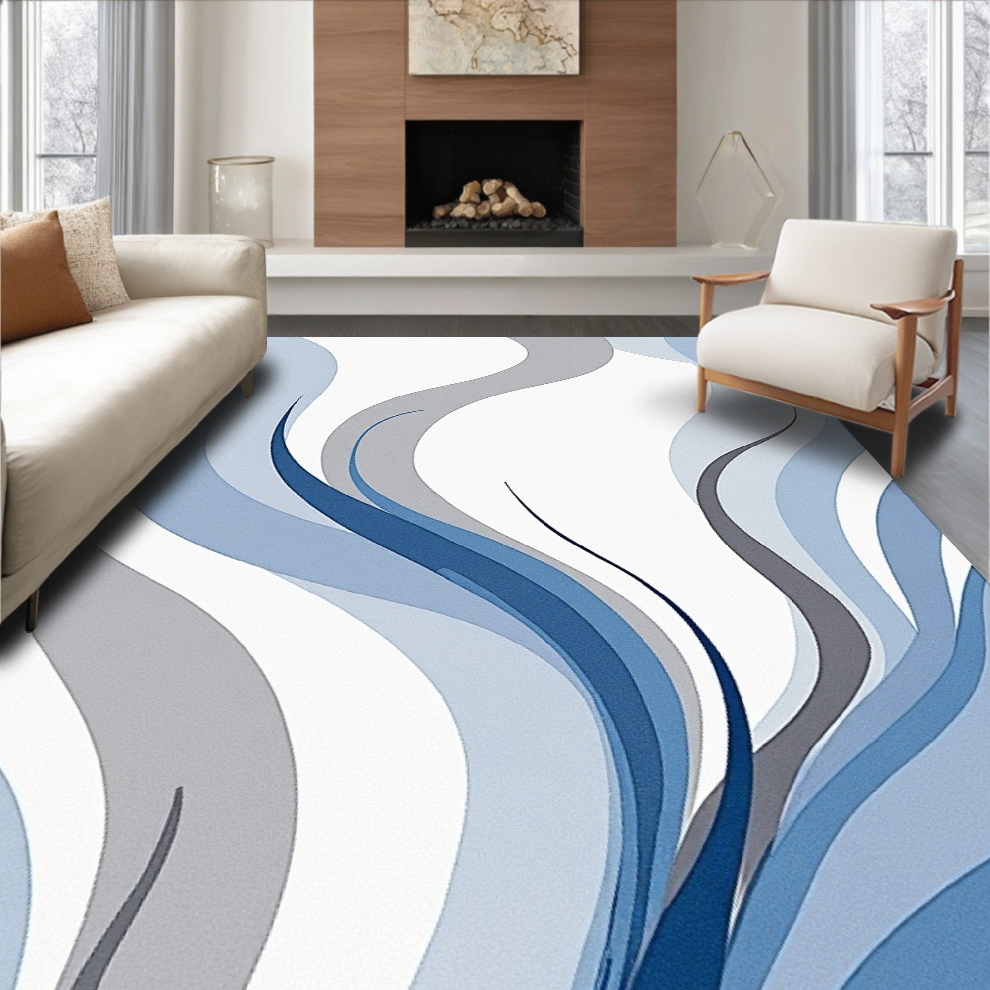 Abstract Blue Gray Flowing Waves Rug