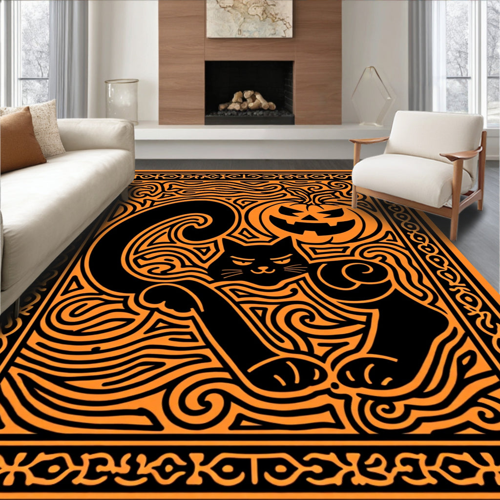 Spooky Black Cat Pumpkin Whimsical Swirls Rug