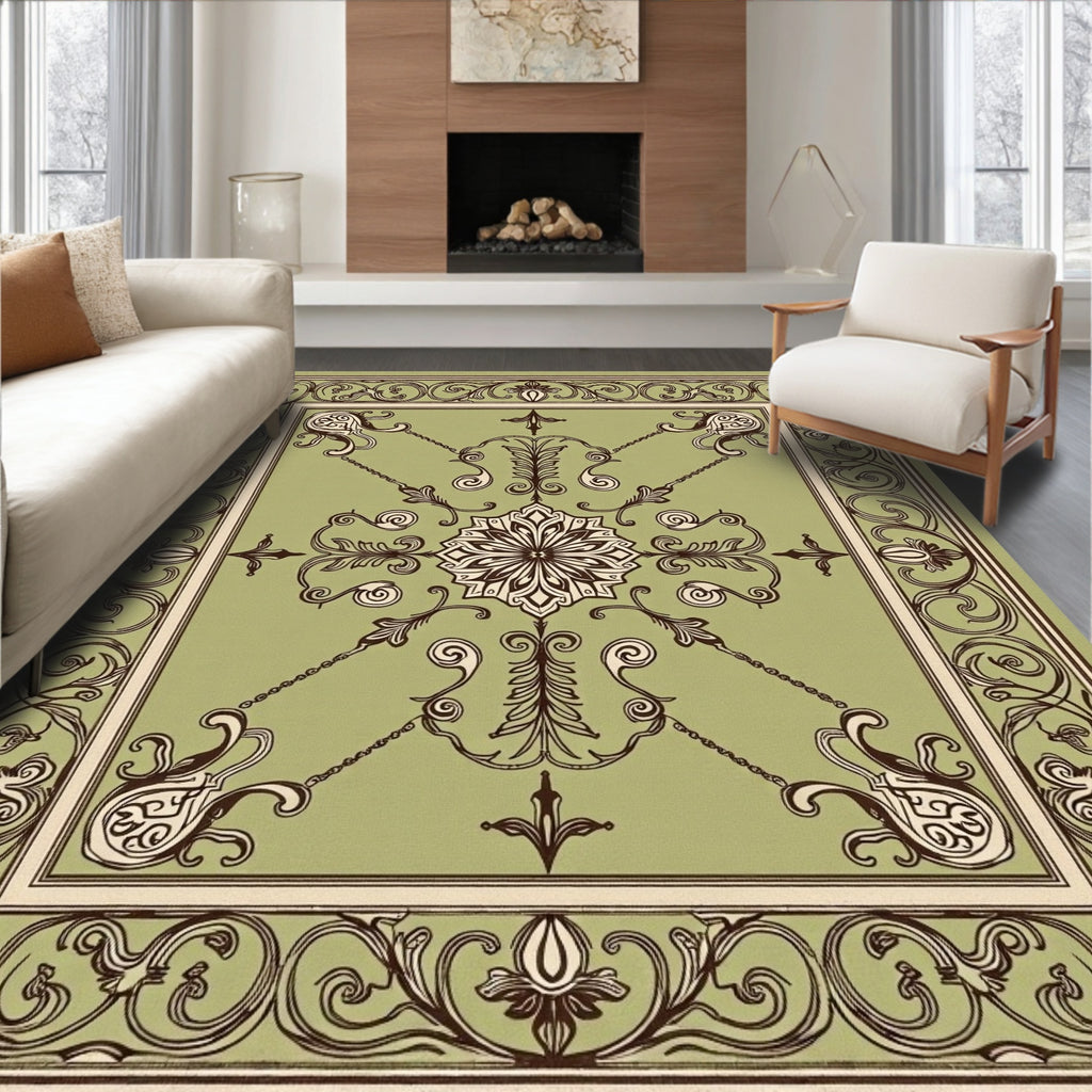 Olive Green Floral Scrollwork Design Rug