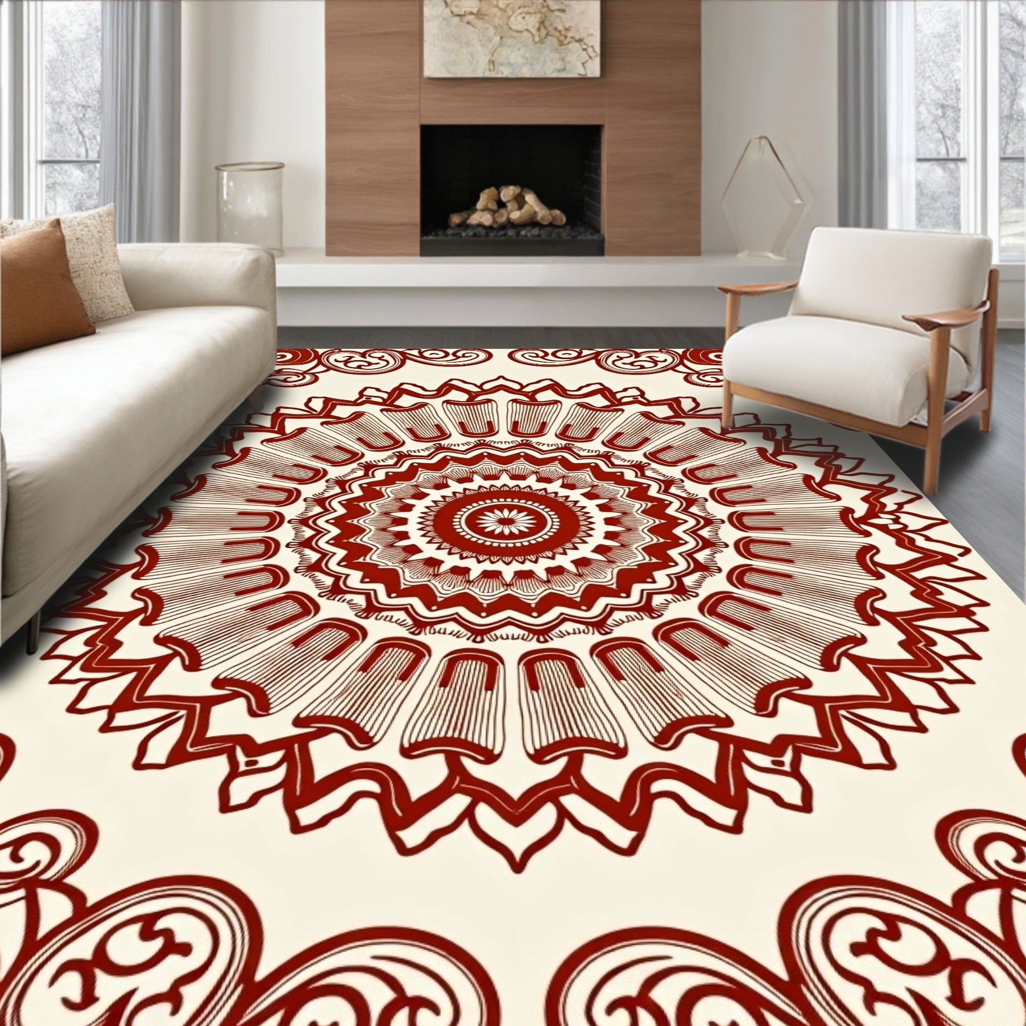 Ornate Radial Red Floral Design Rug