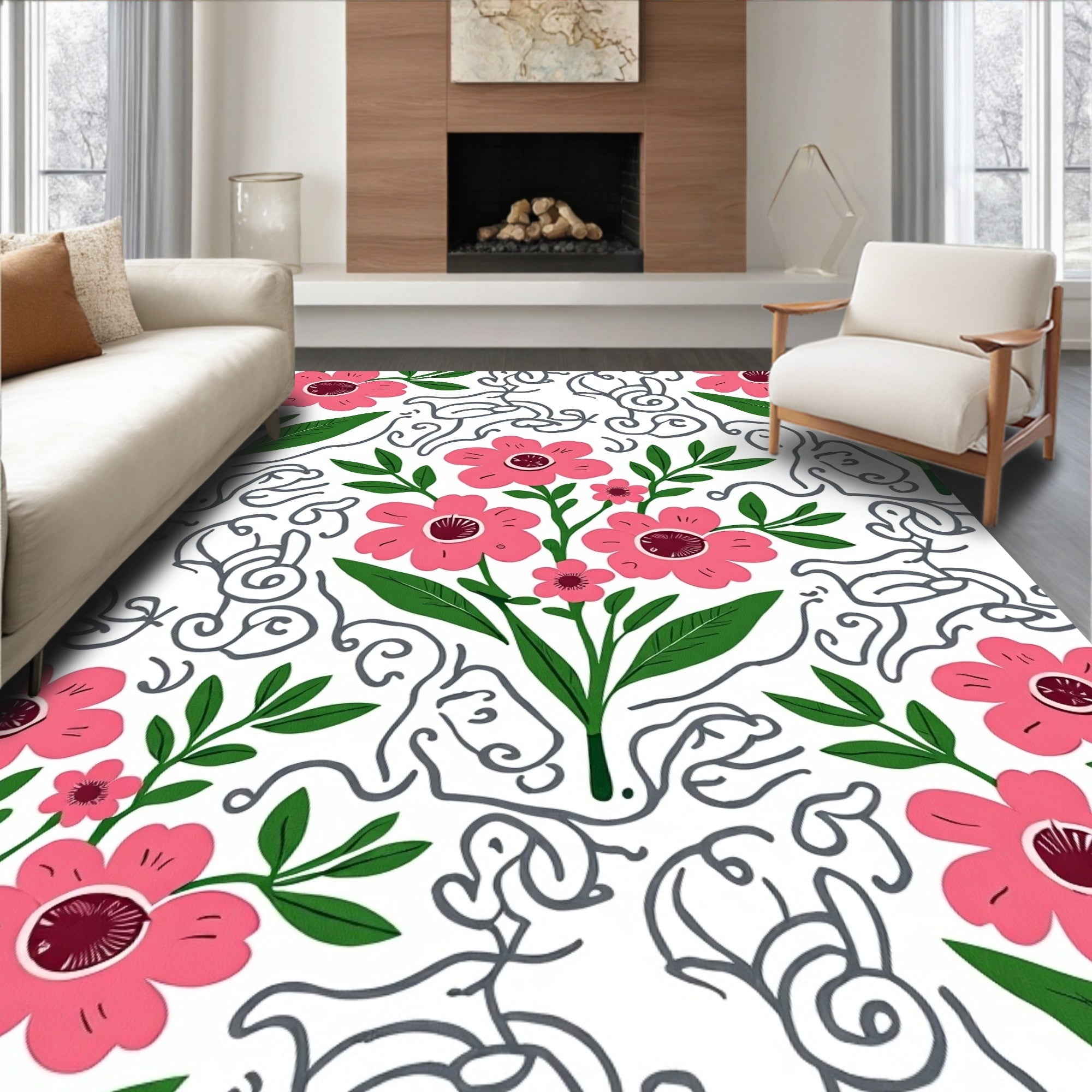 Pink Flowers with Charcoal Swirls Rug