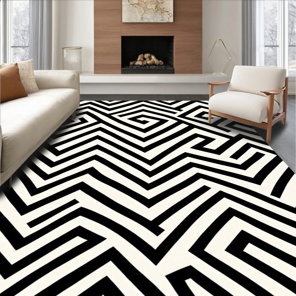 Bold Black White Geometric Maze Rug
