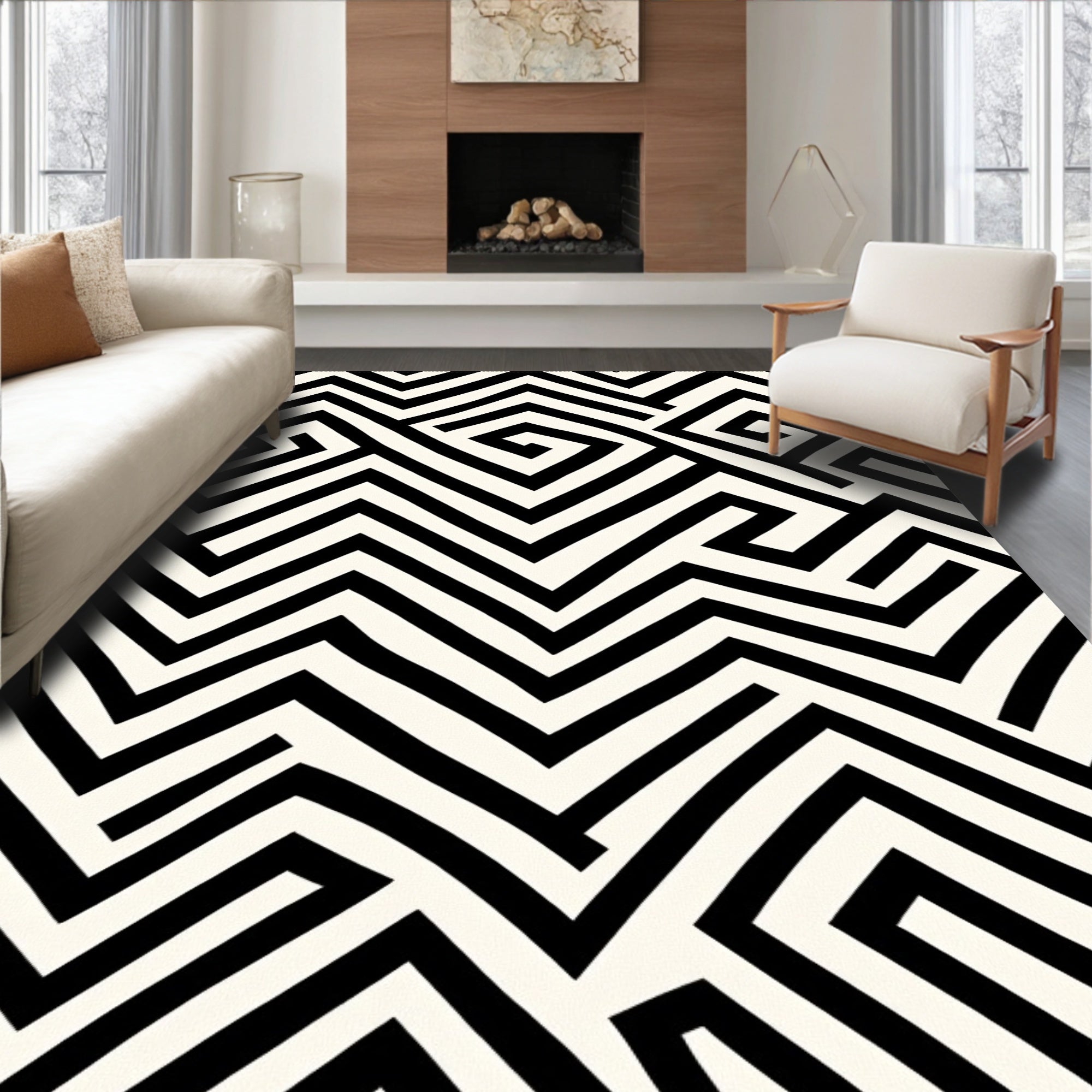 Bold Black White Geometric Maze Rug
