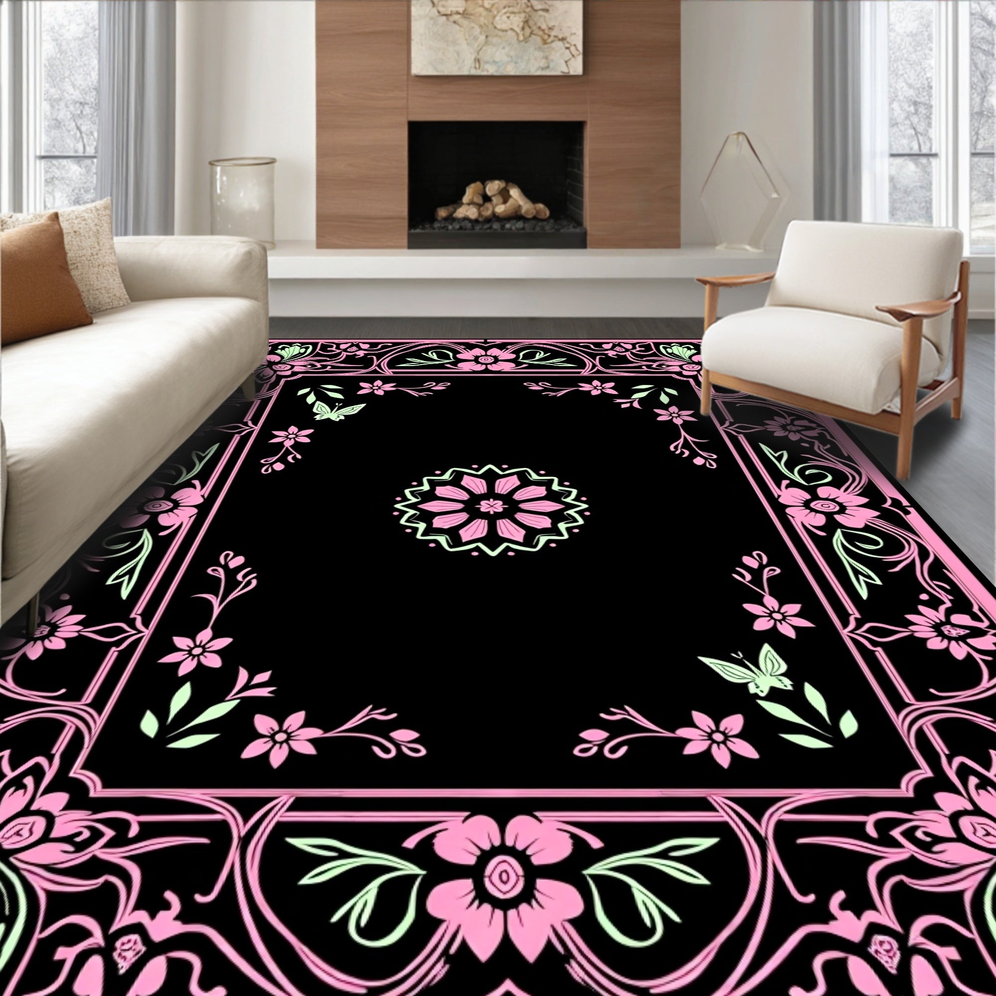 Pink Botanical Flourish Butterfly Design Rug