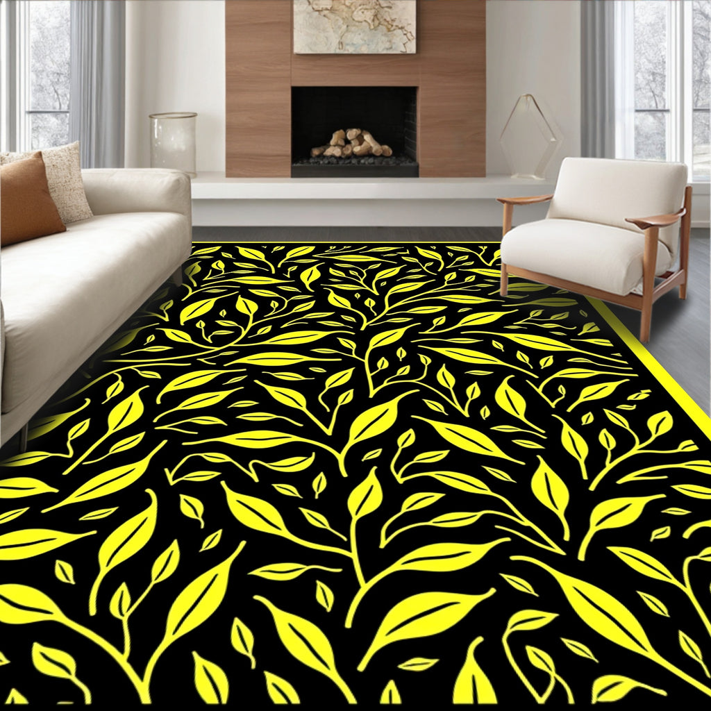 Vibrant Yellow Leafy Branch Pattern Rug