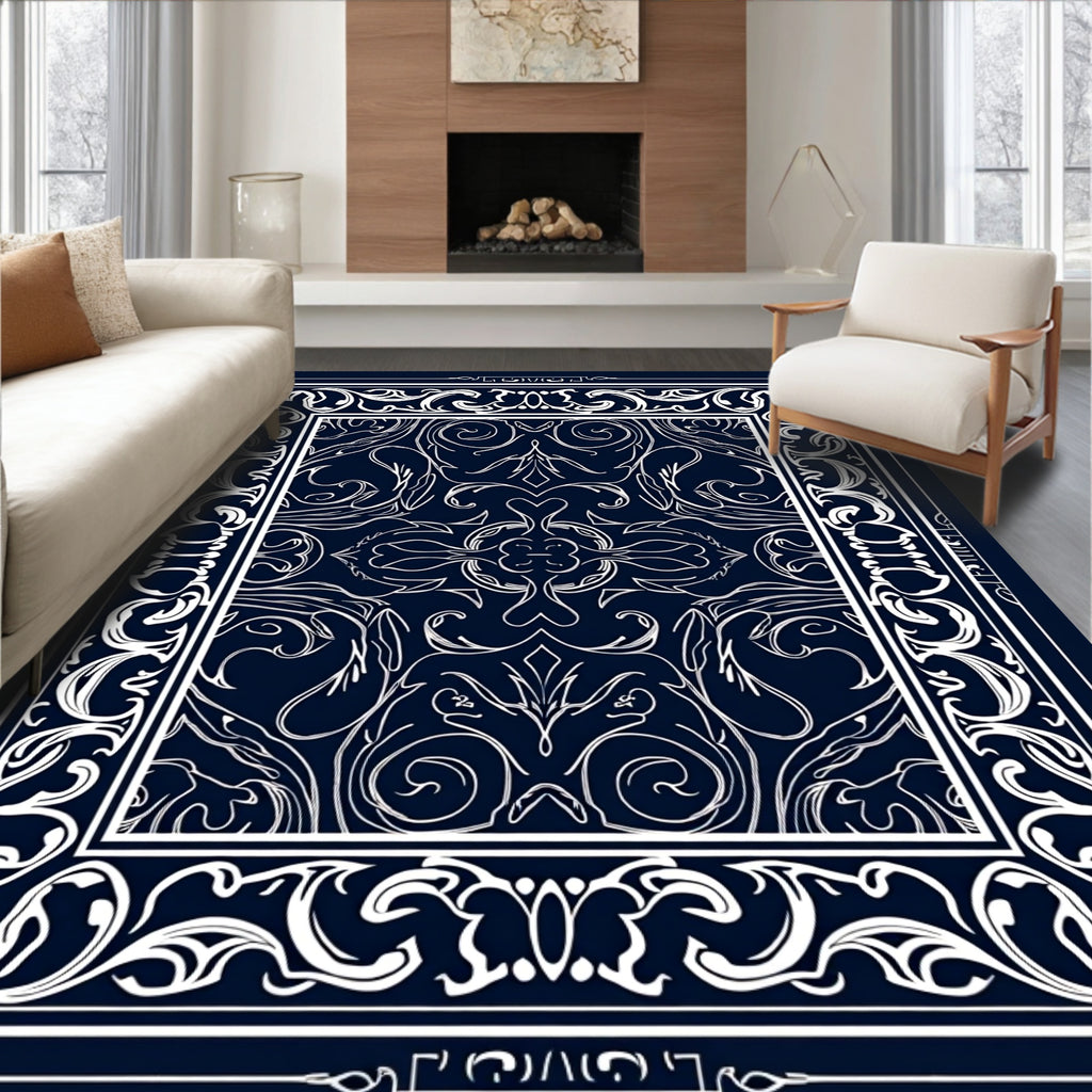 Ornate White Flourish on Navy Rug