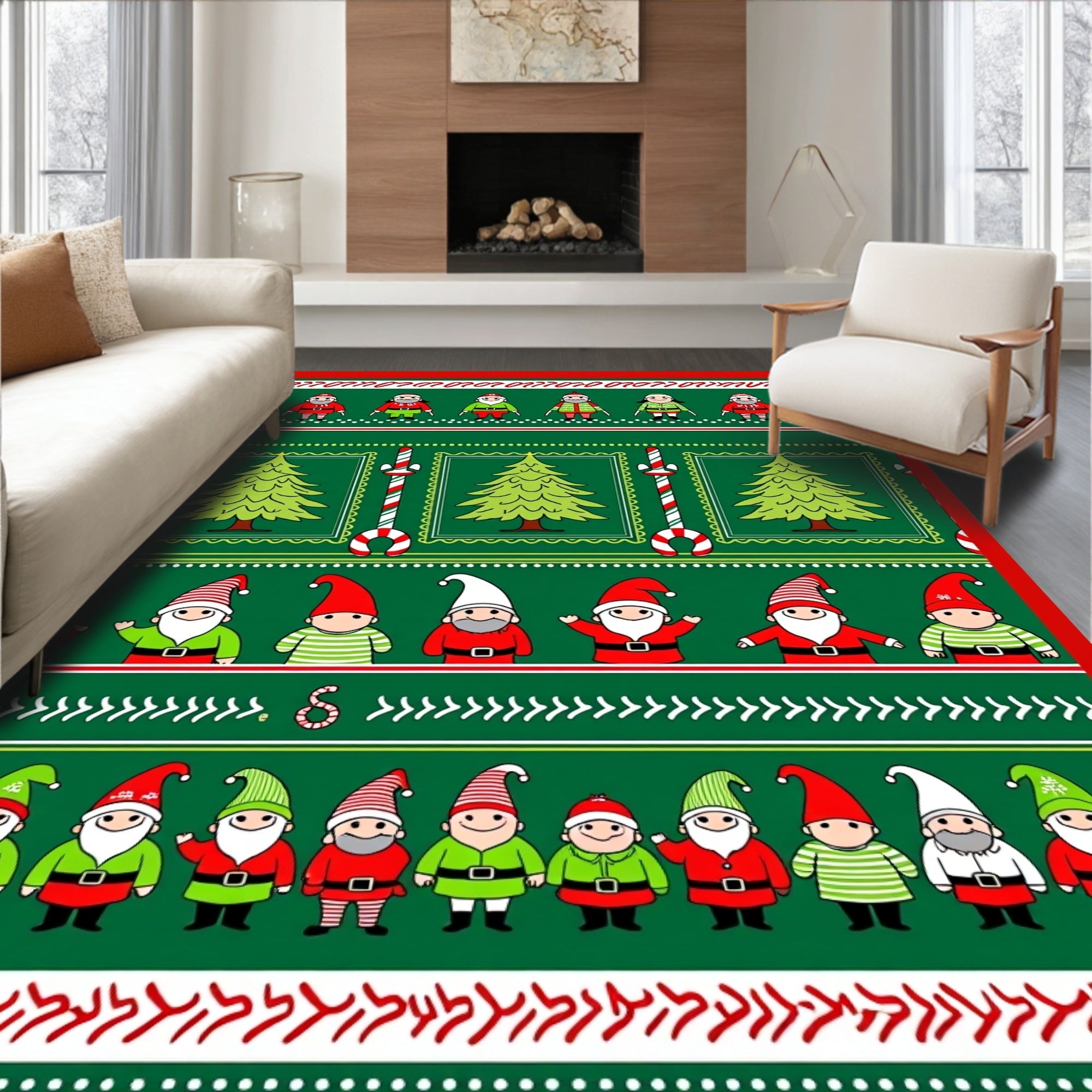Festive Green Holiday Gnome Trees Rug