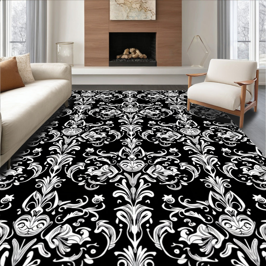 Black White Ornate Floral Scroll Rug