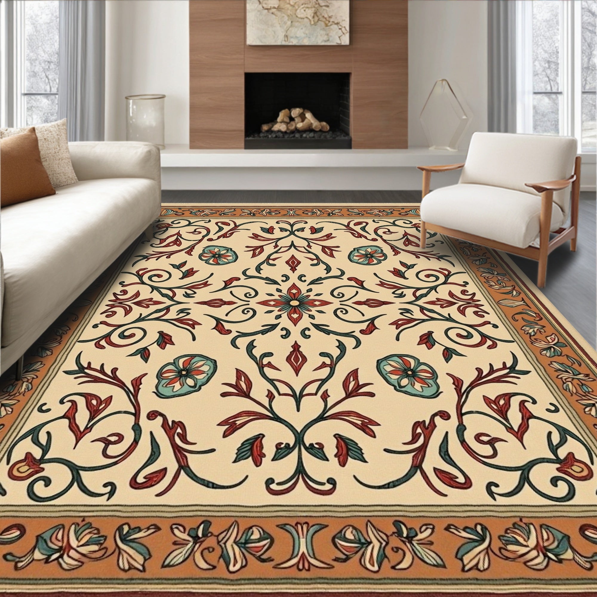 Elegant Floral Scroll Pattern Rug