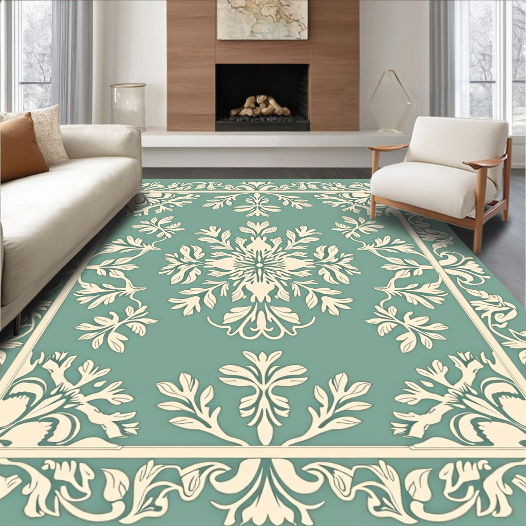 Elegant Teal Ivory Floral Border Rug