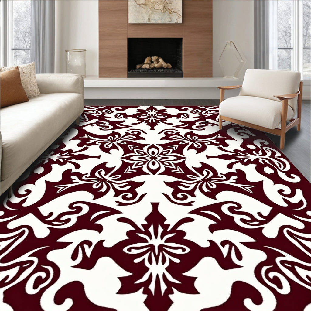 Ornate Floral Patterned Dark Red Rug