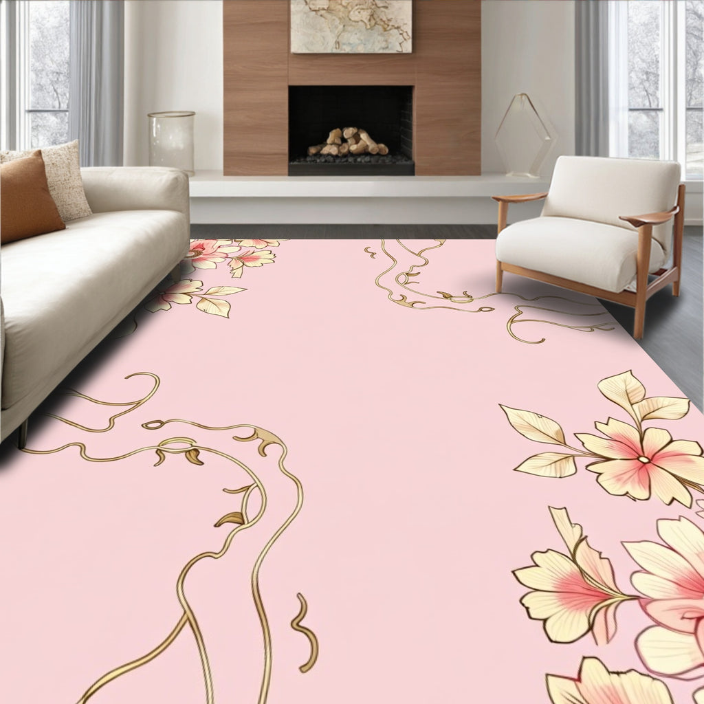 Floral Vines Delicate Pink Gold Rug