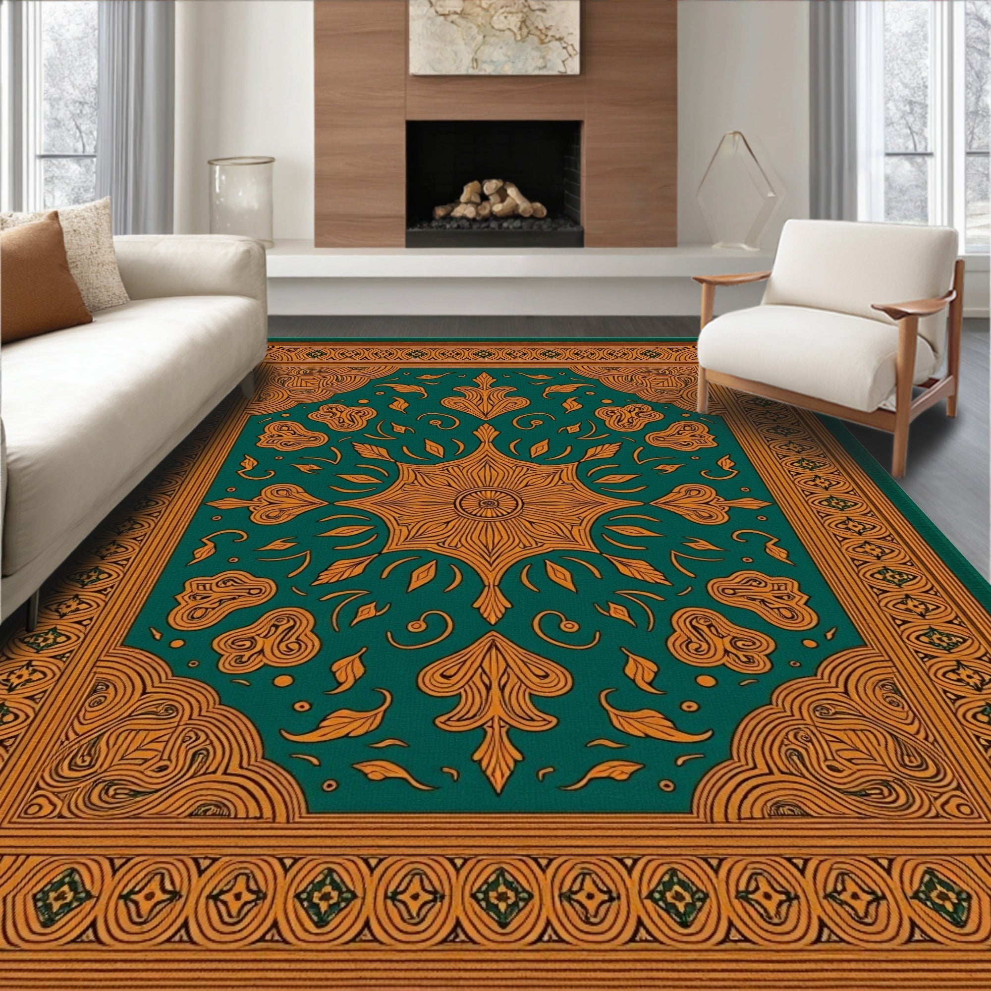 Emerald Orange Floral Medallion Rug