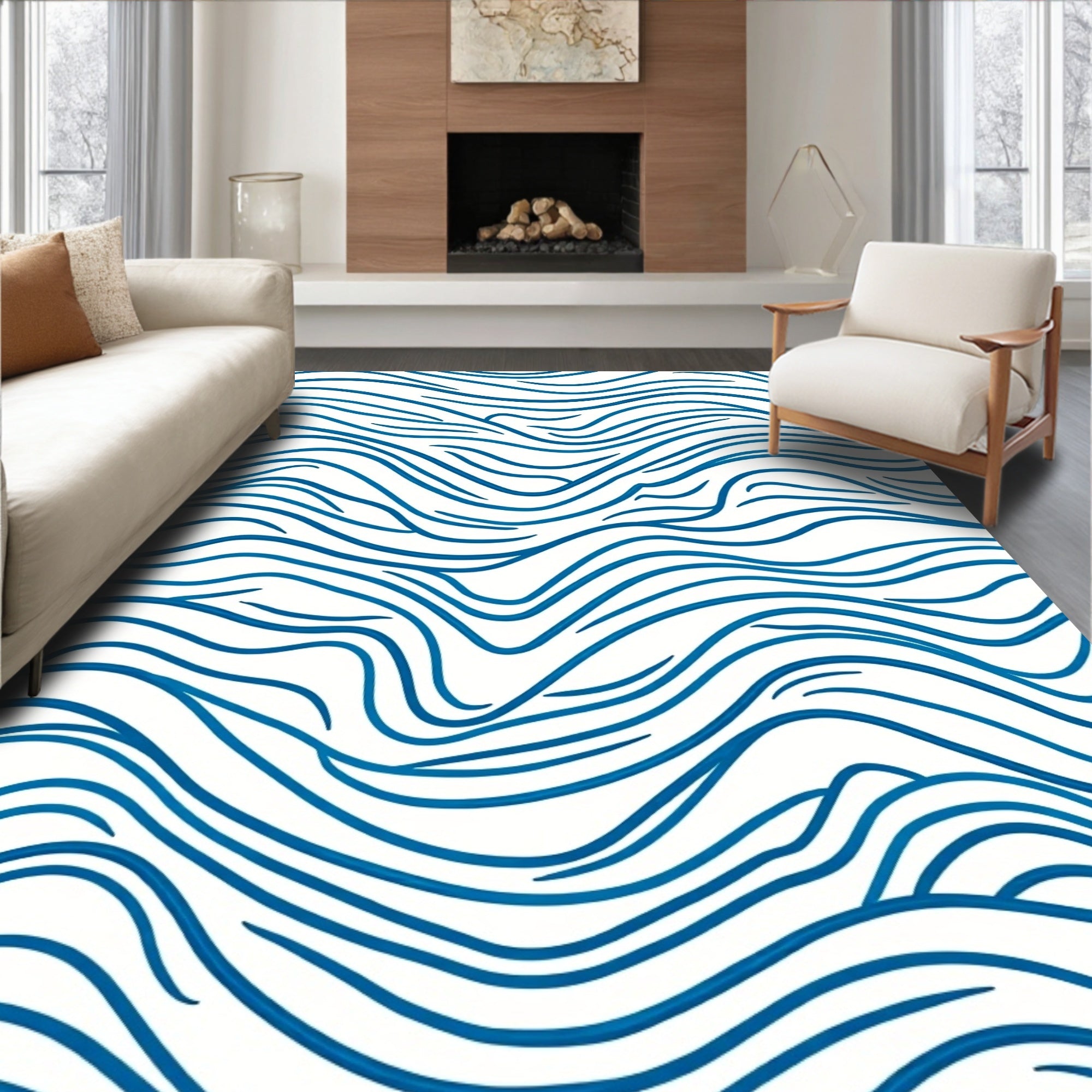 Abstract Blue Wavy Pattern Rug