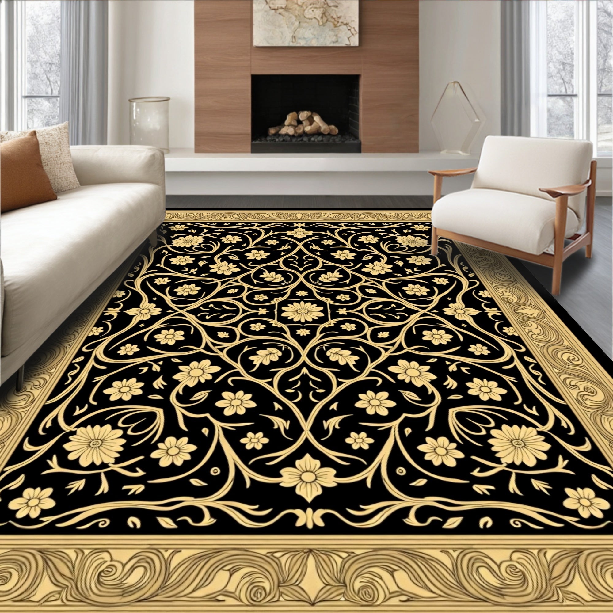 Ornate Golden Floral Vine Pattern Rug